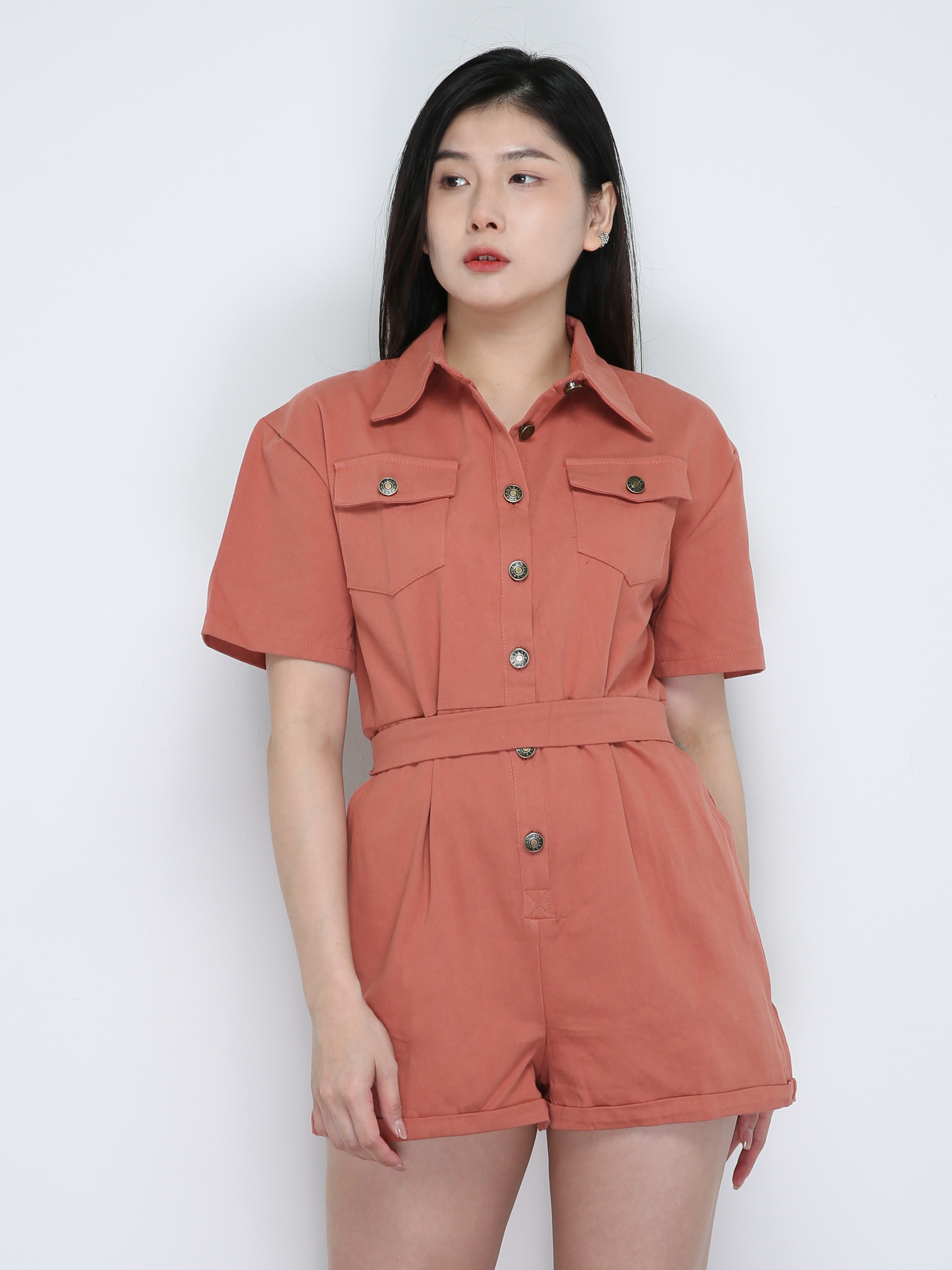 Classic Collar Front Button Front Pocket With Belt Jumpsuits 18877
