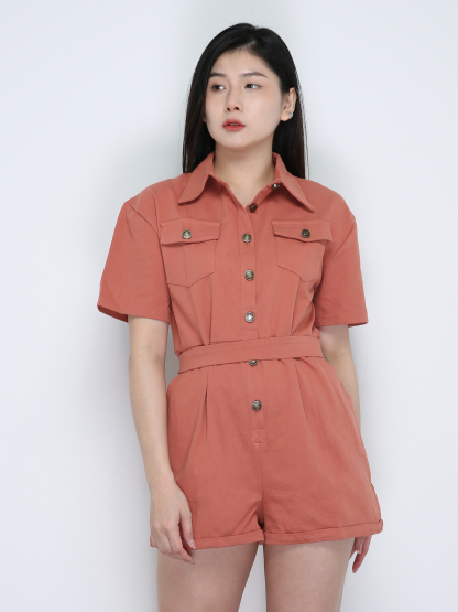 Classic Collar Front Button Front Pocket With Belt Jumpsuits 18877
