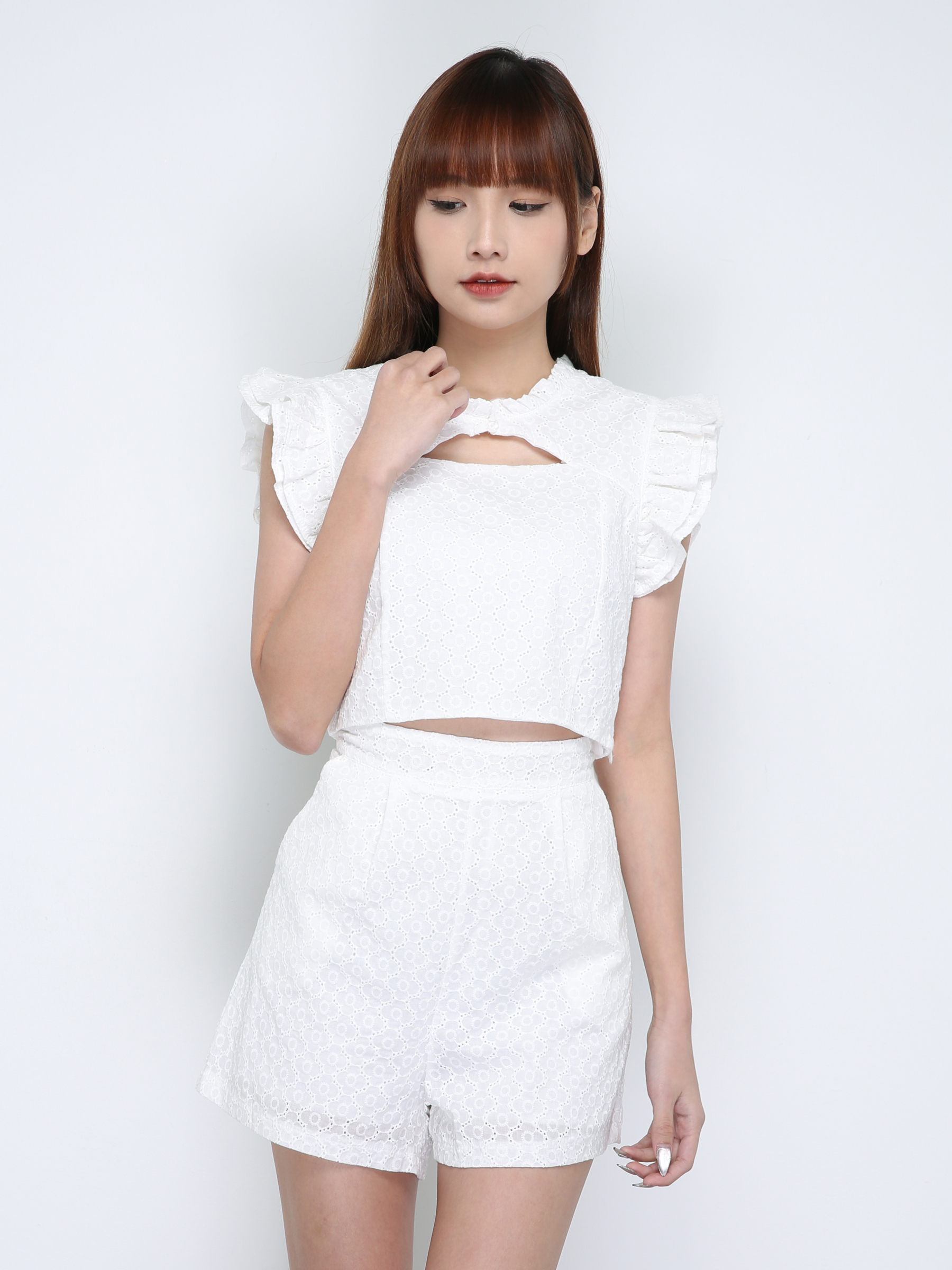 Eyelet Sleeveless Front Hole Top With Pants Set 18575