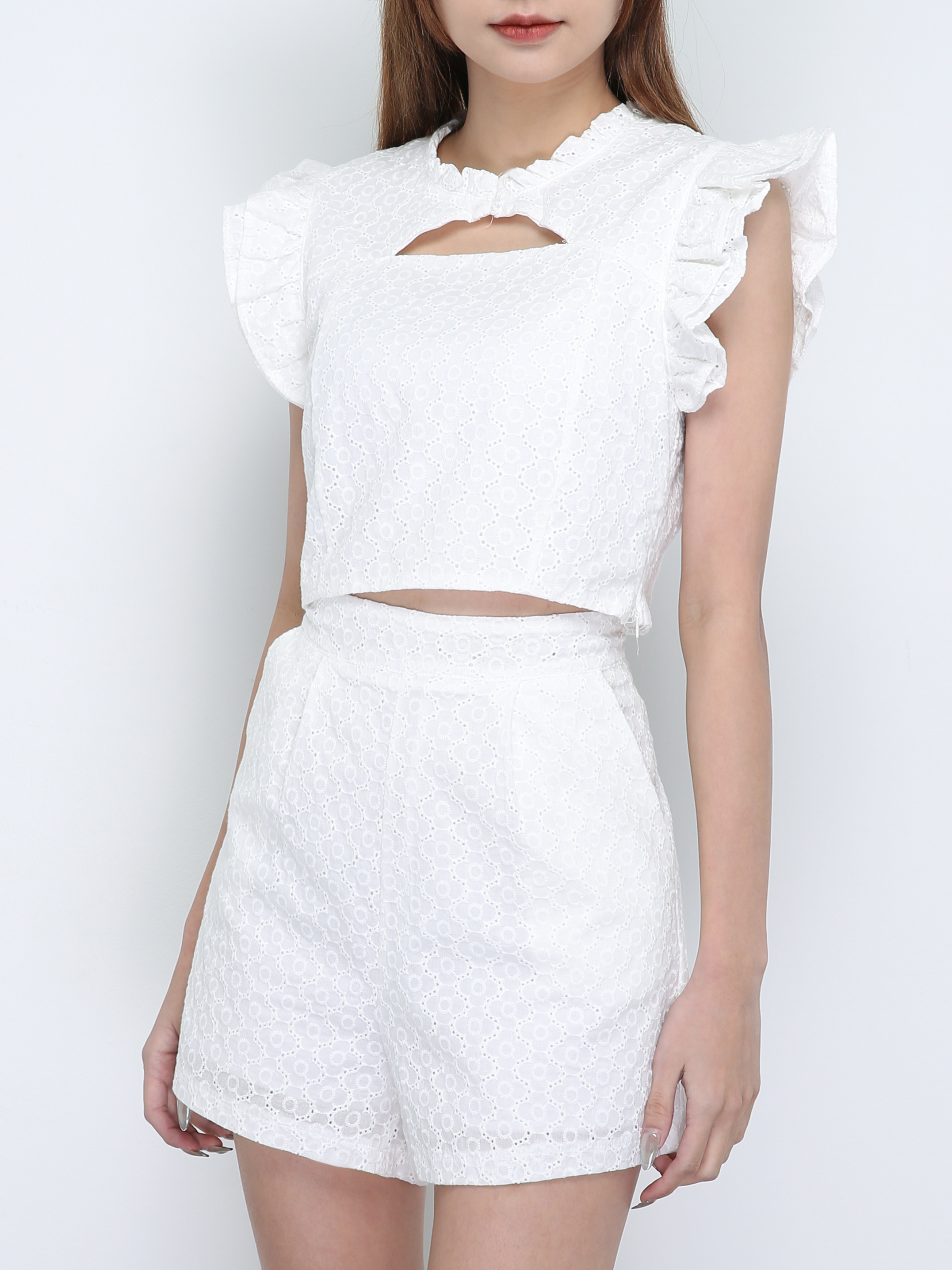 Eyelet Sleeveless Front Hole Top With Pants Set 18575