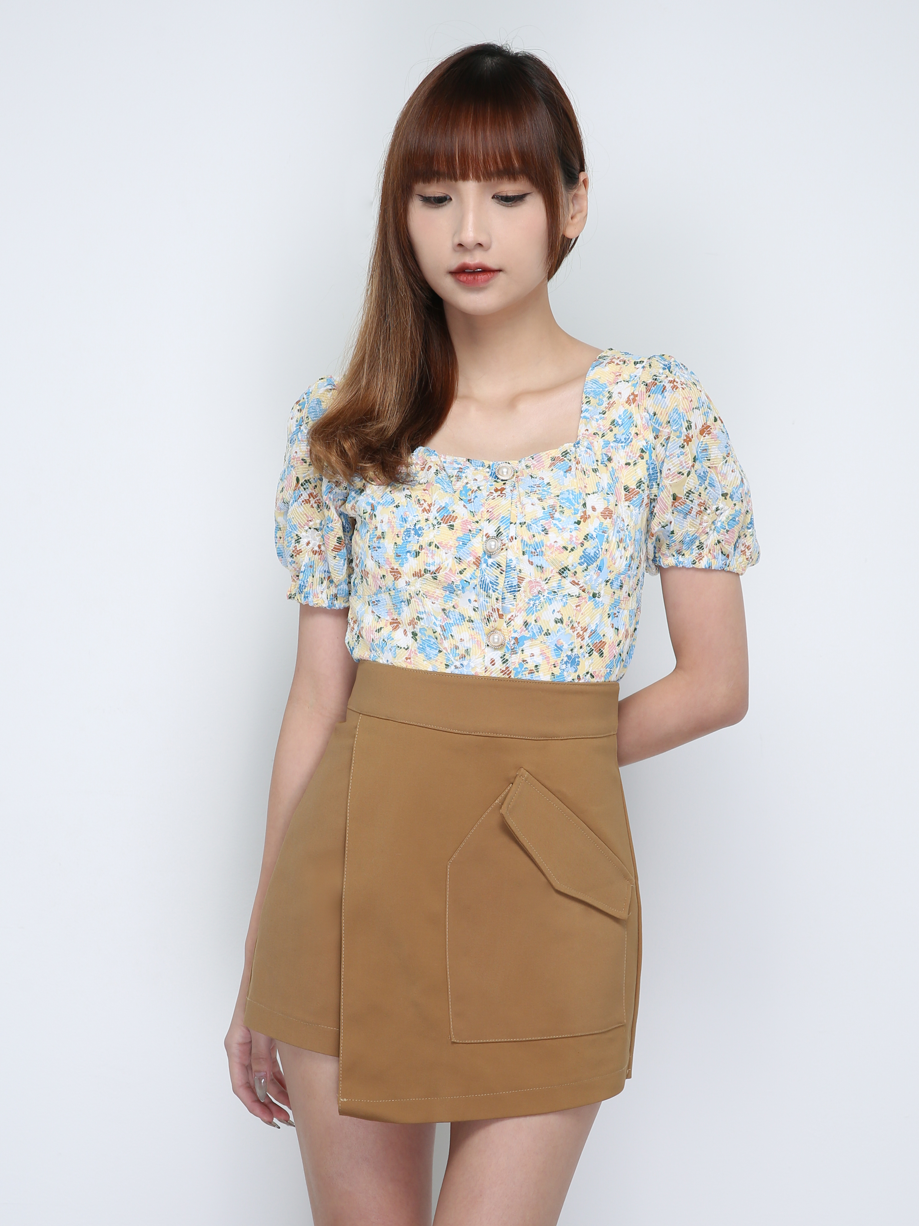 Floral Puff Sleeve Top And Skirt Set 18155