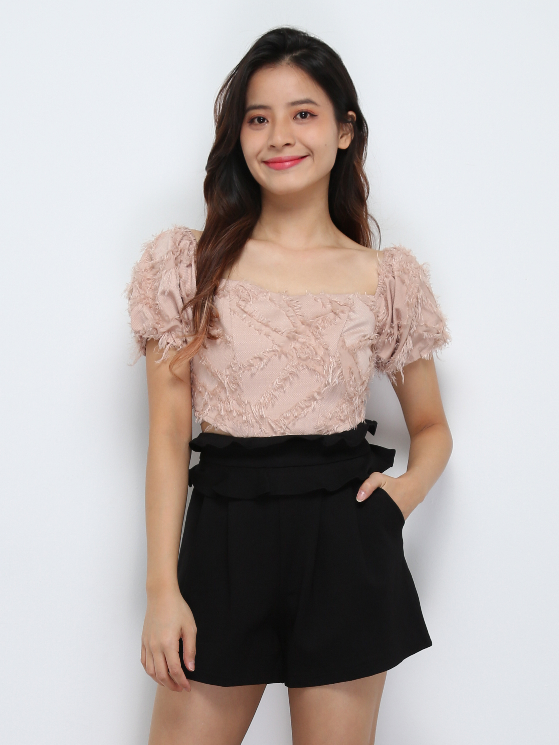 Puff Sleeve Tassel With Back Zip Top 29303