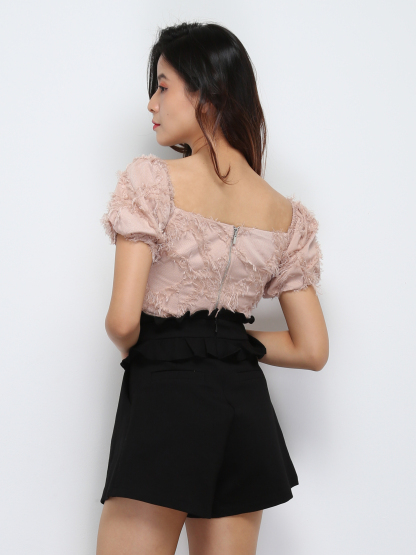 Puff Sleeve Tassel With Back Zip Top 29303