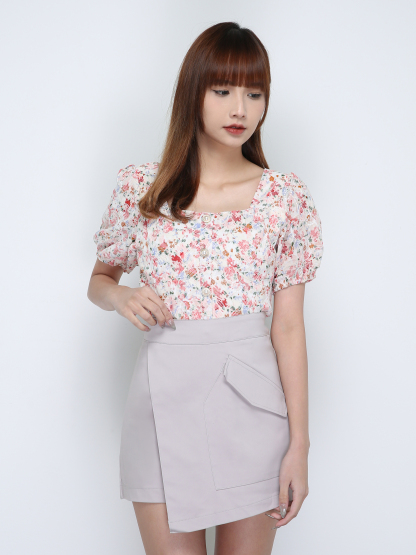 Floral Puff Sleeve Top And Skirt Set 18155