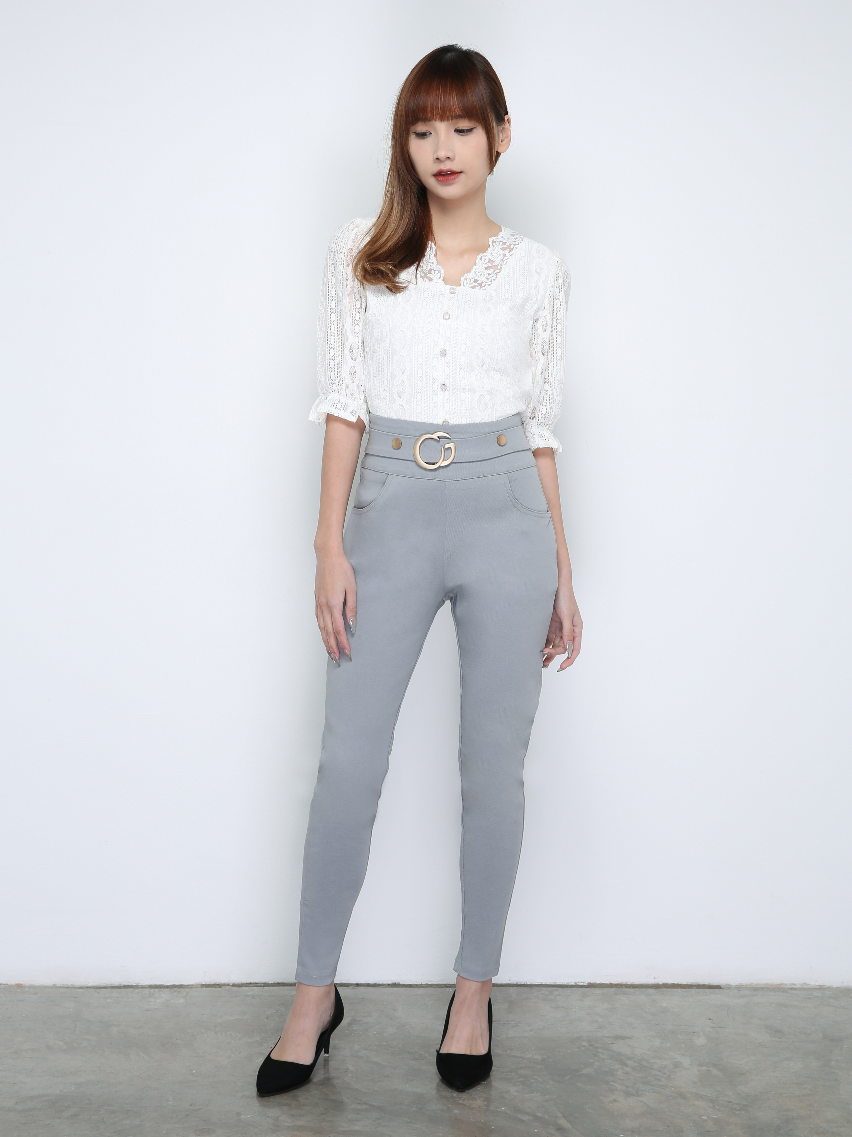 High Waist Front Pocket Fake Belt Pants 18167