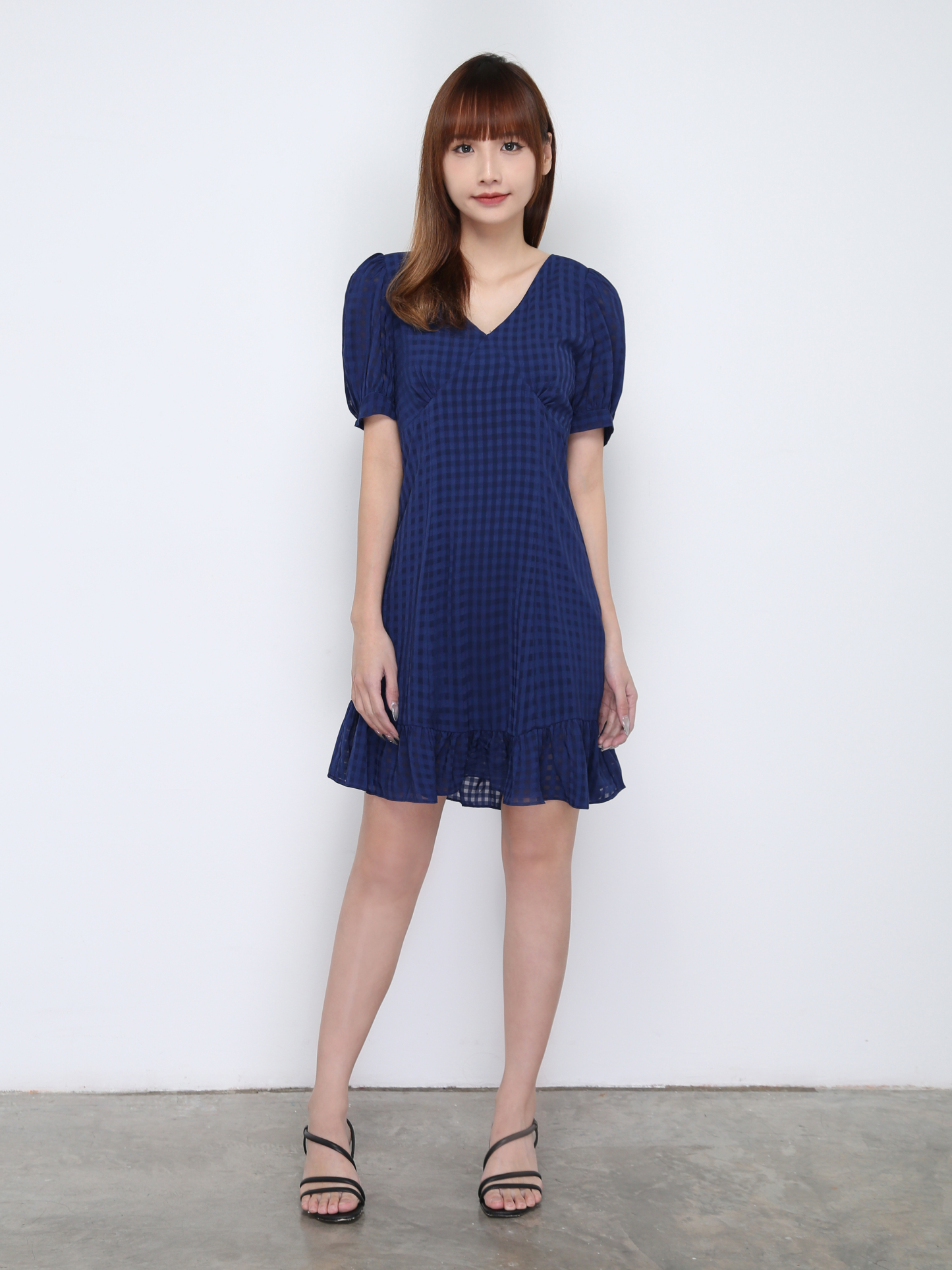Checker V Neck Ruffles Dress 17097