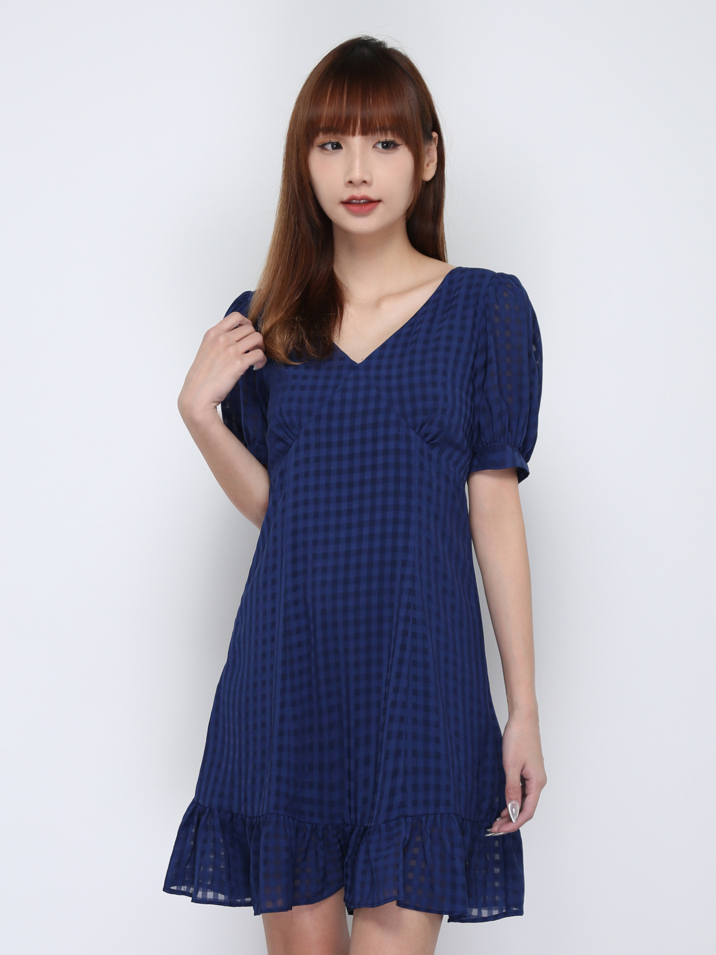 Checker V Neck Ruffles Dress 17097