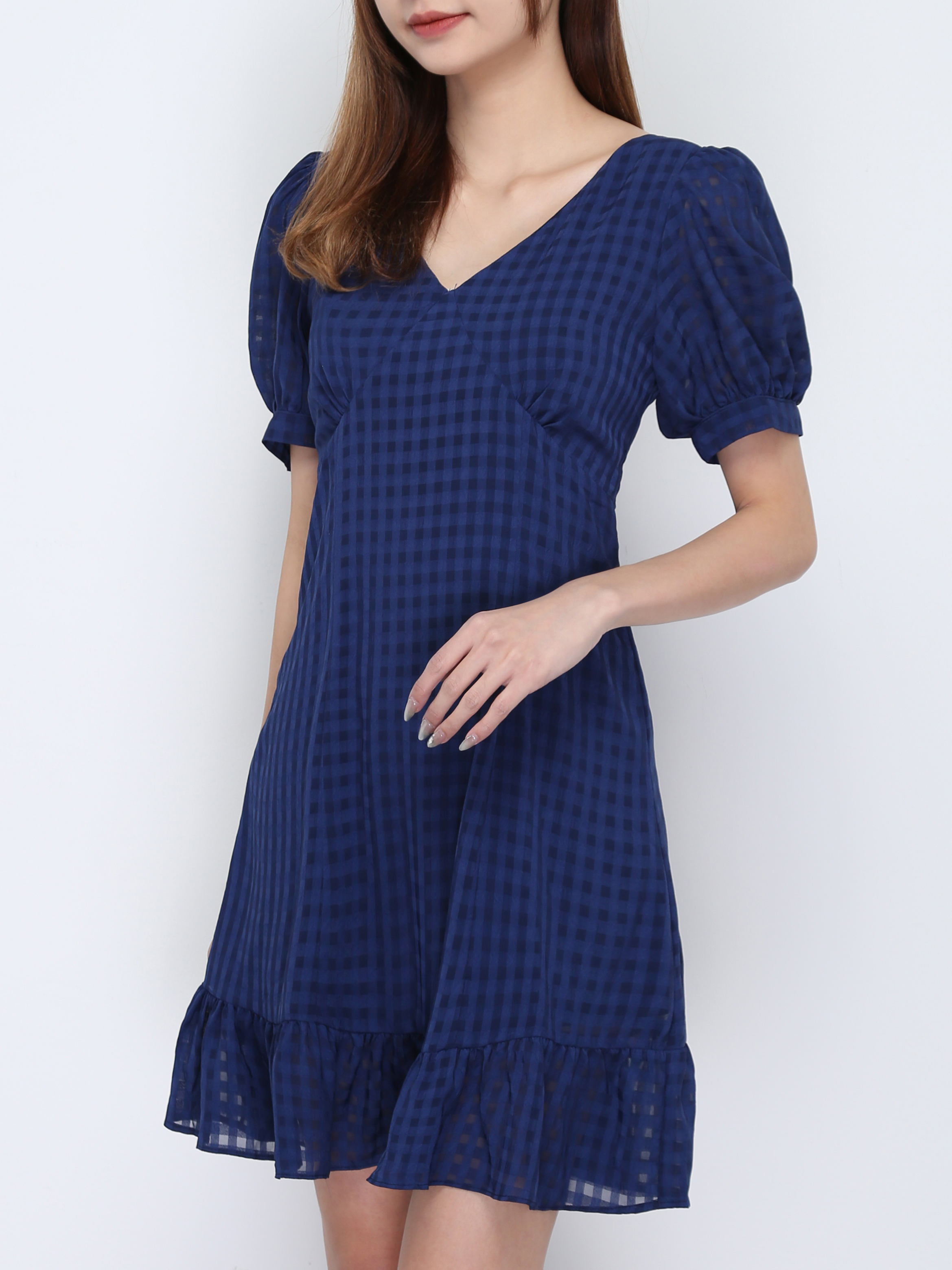 Checker V Neck Ruffles Dress 17097