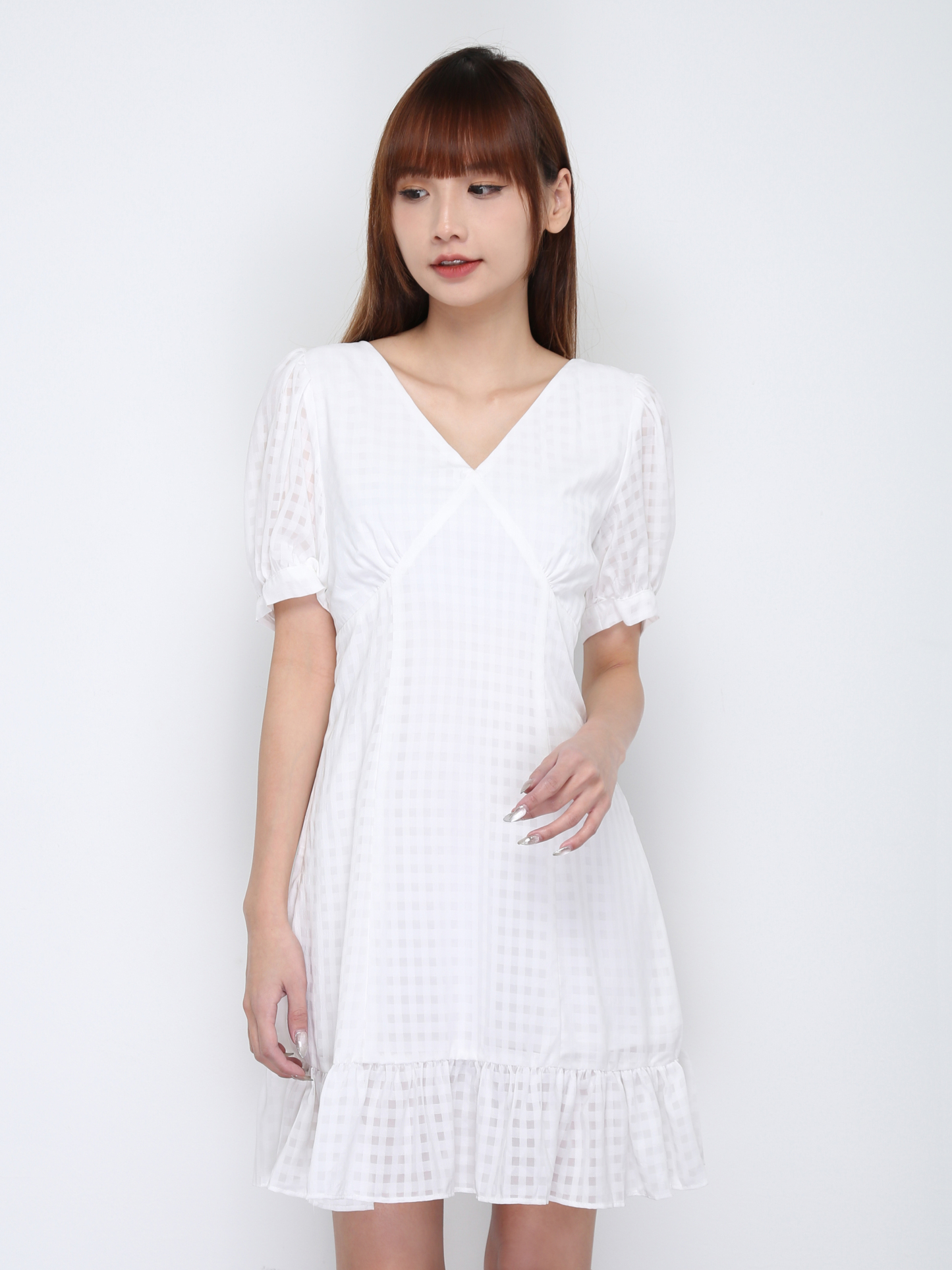 Checker V Neck Ruffles Dress 17097