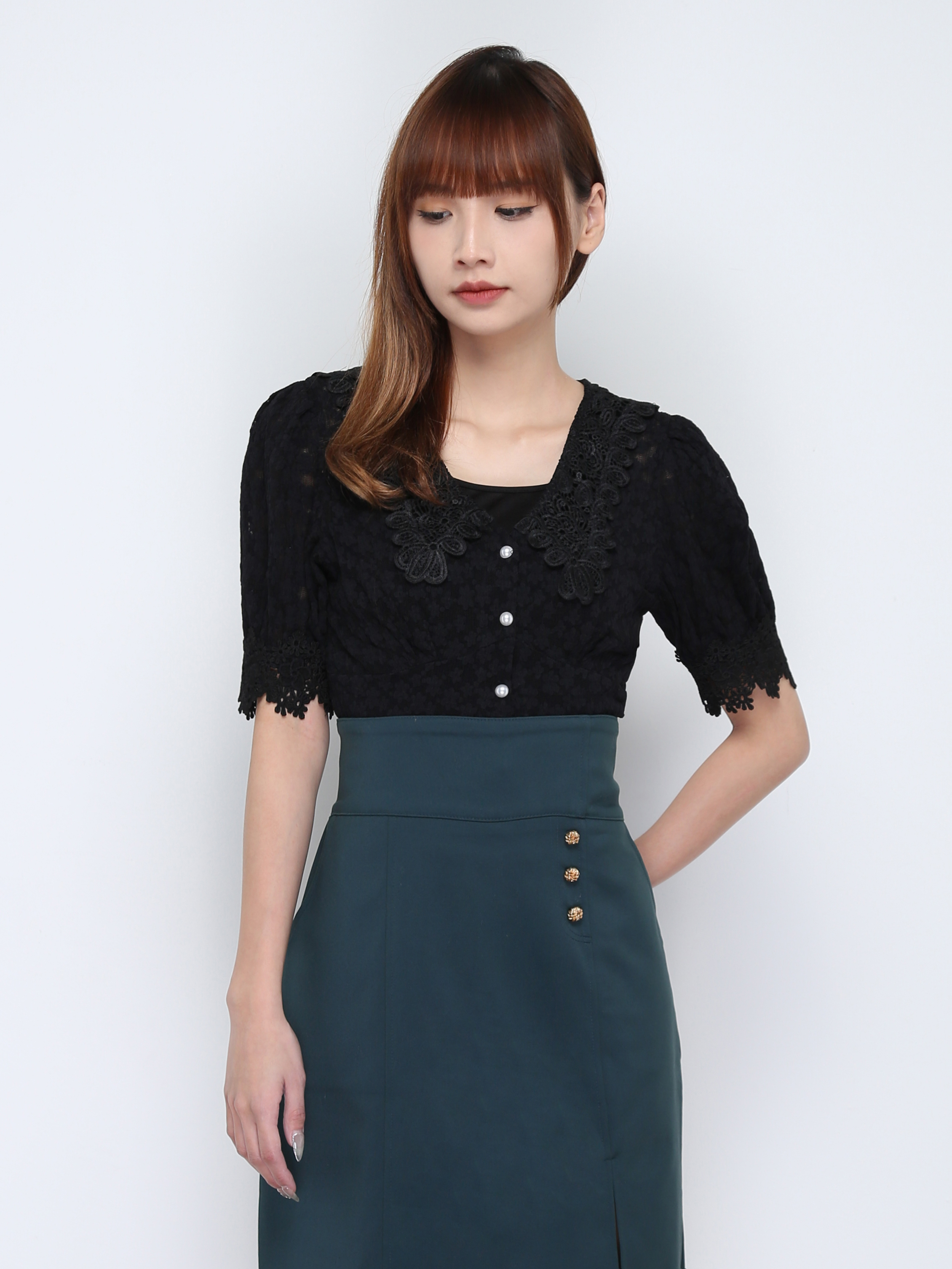 V Neck Lace With Front Button Top 17422