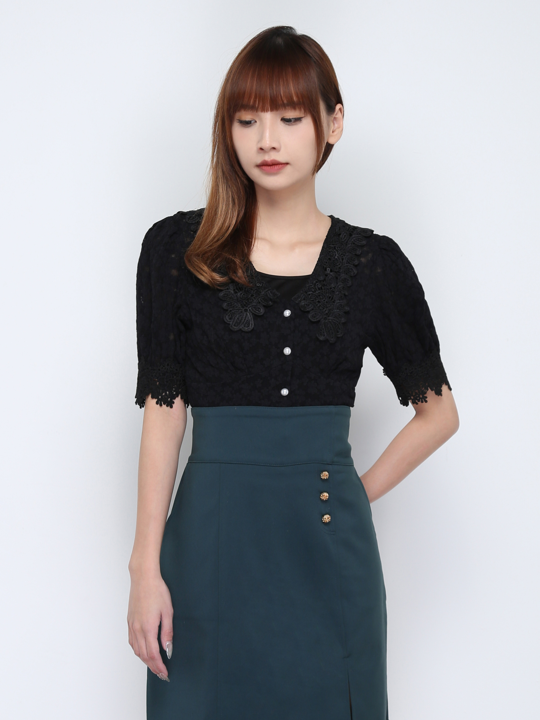 V Neck Lace With Front Button Top 17422