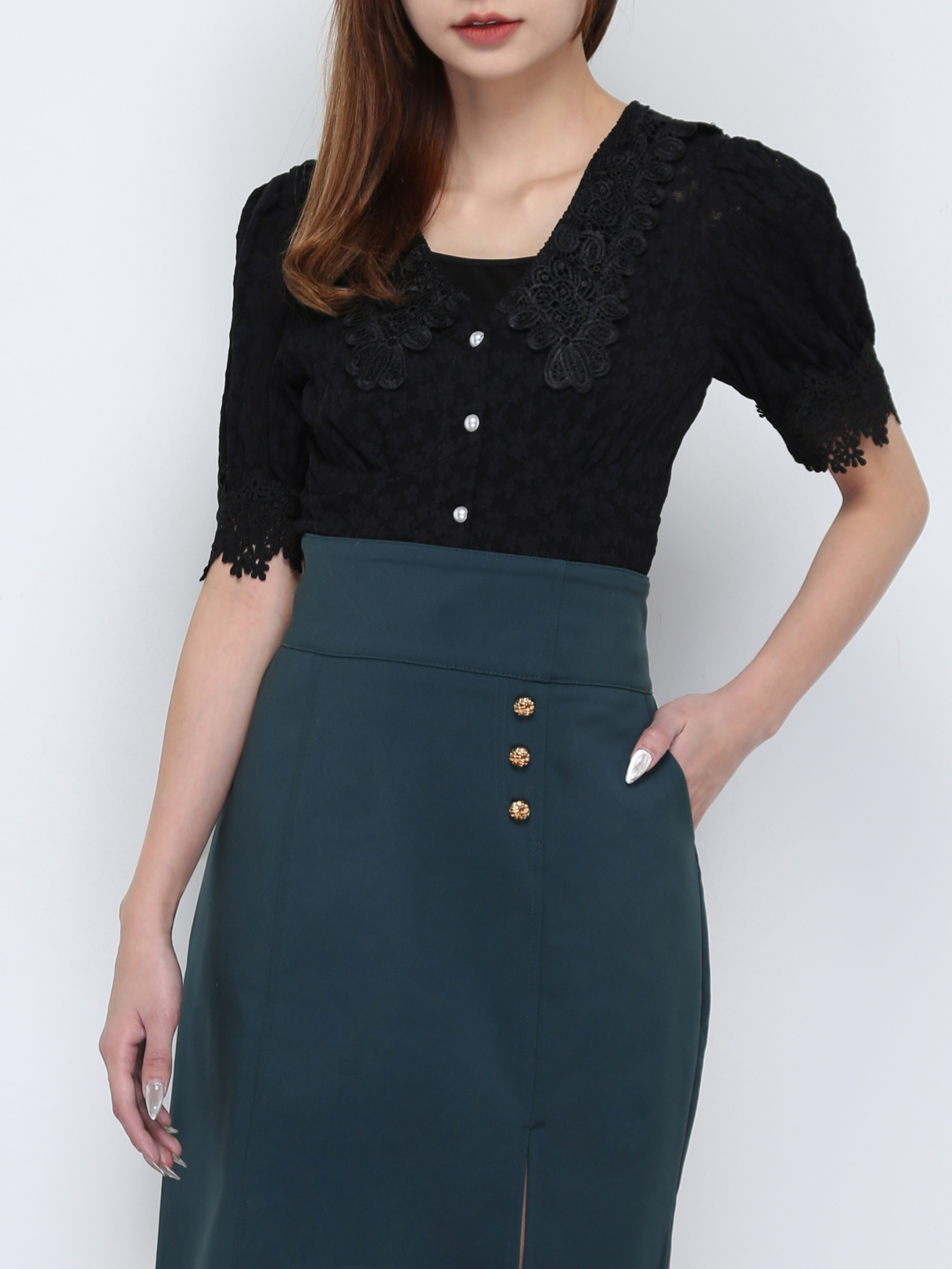 V Neck Lace With Front Button Top 17422