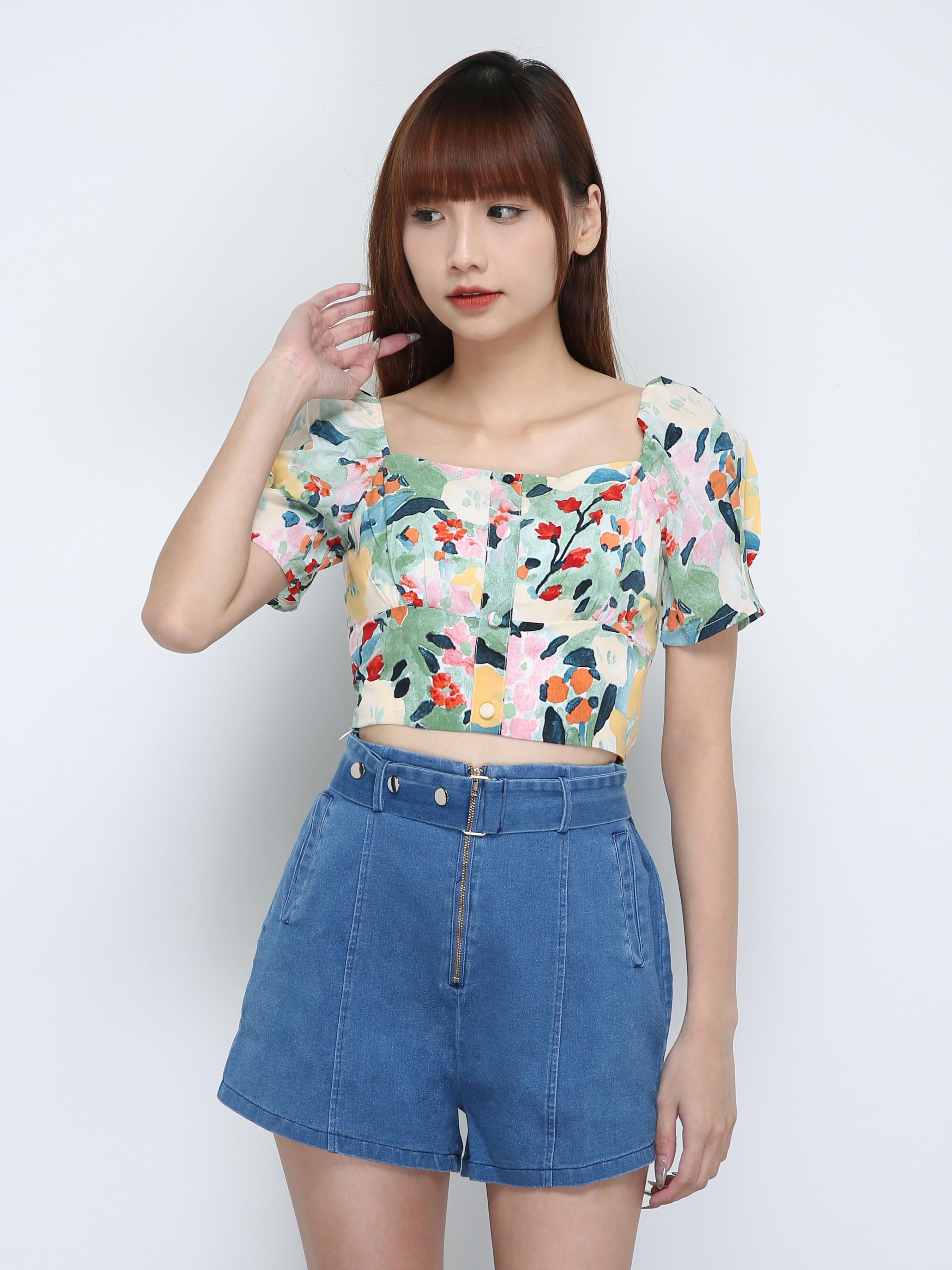 Floral Top With Denim Pants Set 18801