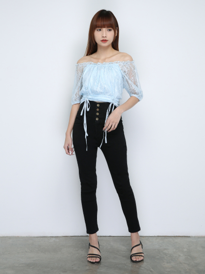 Puff Sleeve Lace Tie Up Top 18665