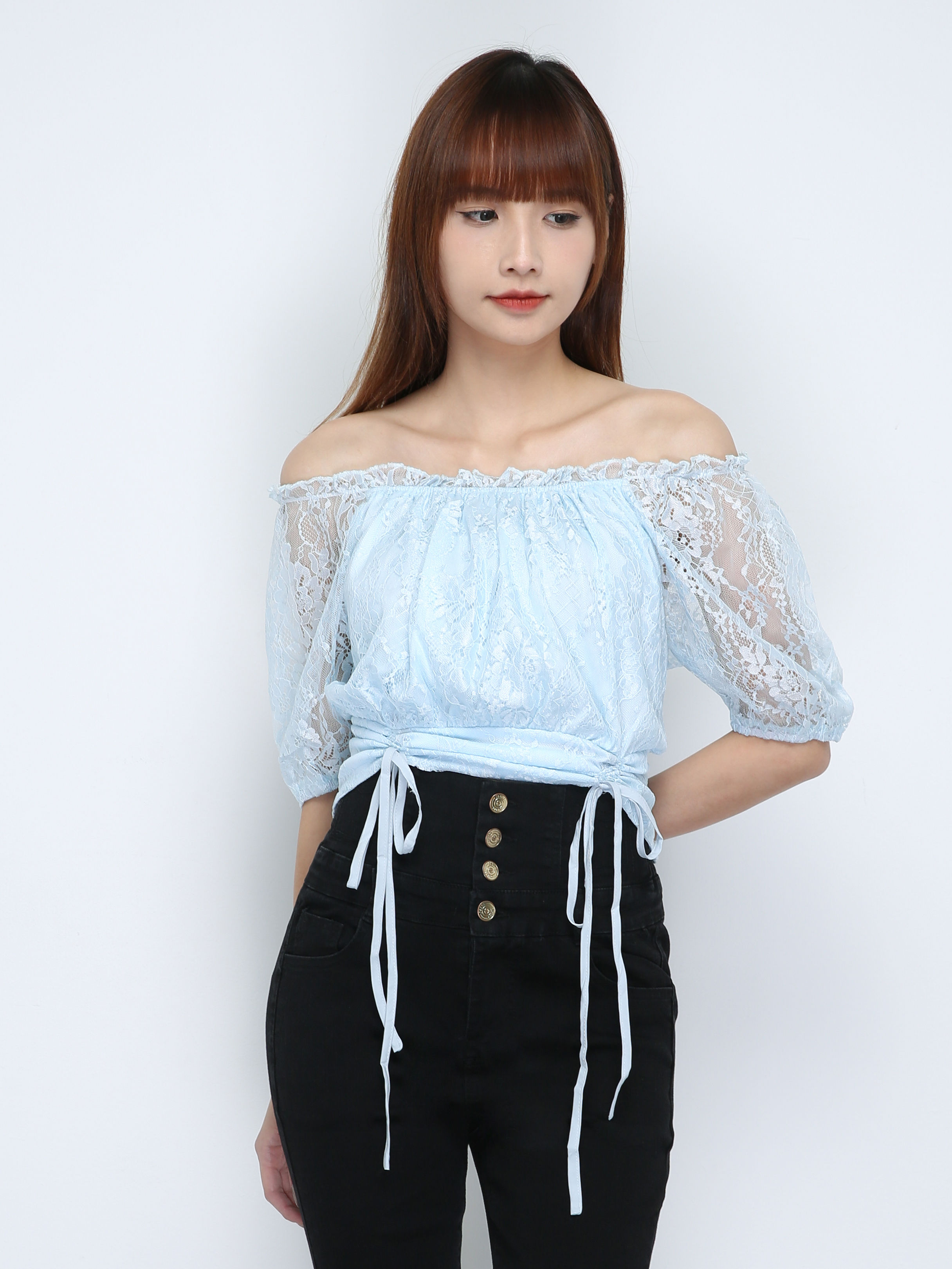 Puff Sleeve Lace Tie Up Top 18665