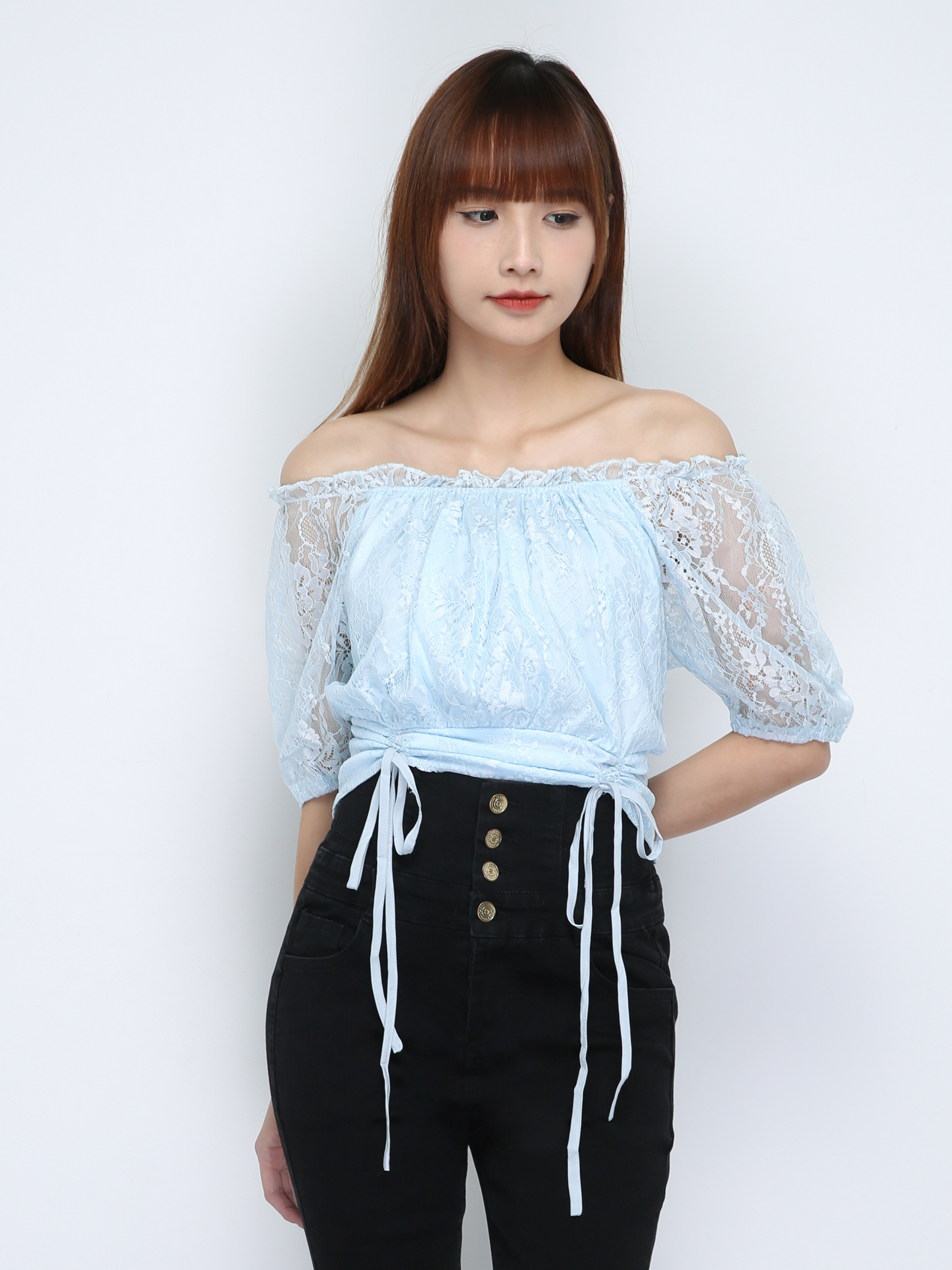 Puff Sleeve Lace Tie Up Top 18665