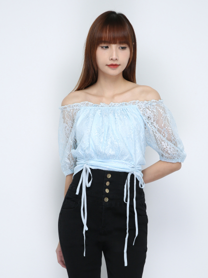 Puff Sleeve Lace Tie Up Top 18665