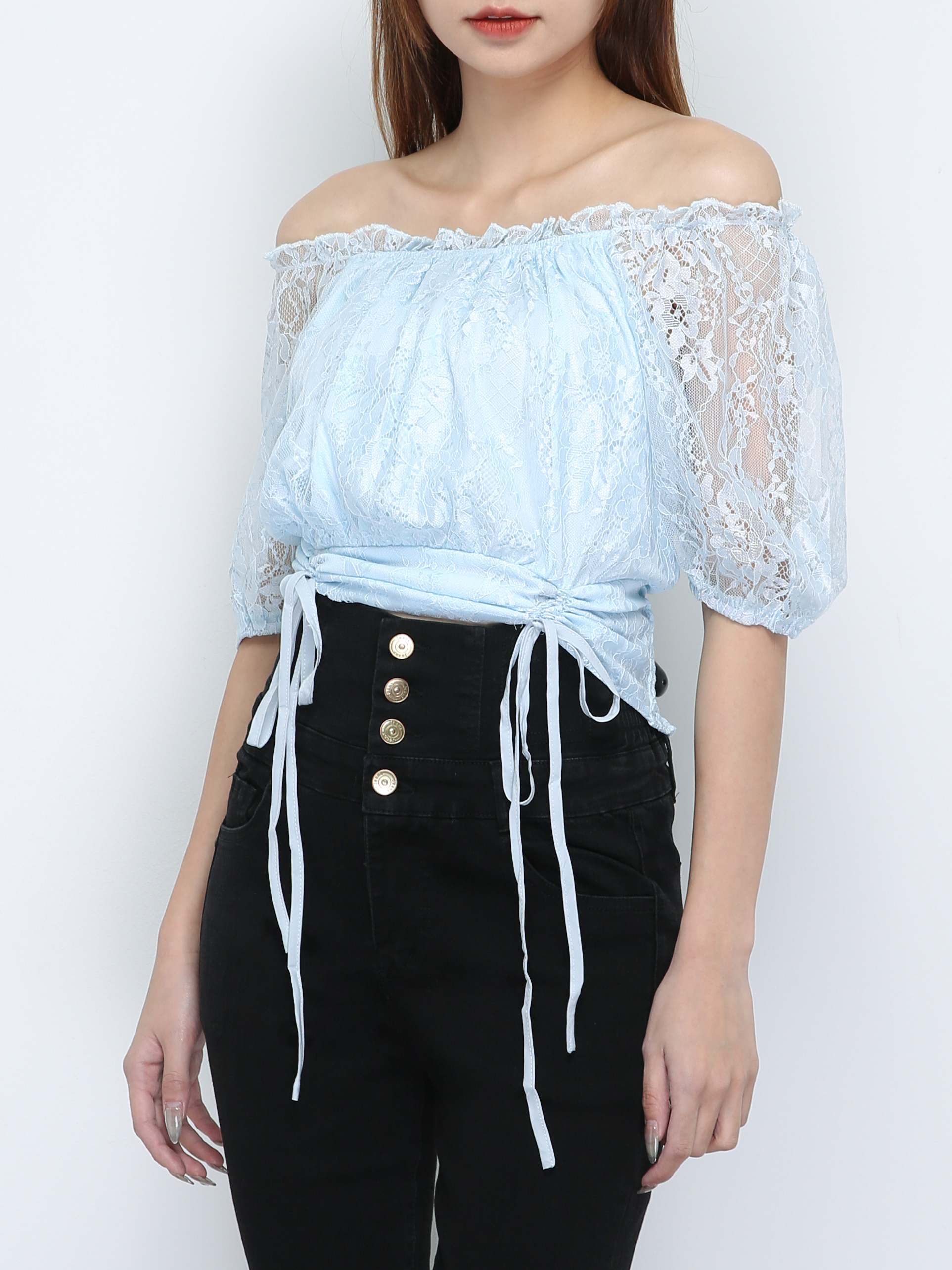 Puff Sleeve Lace Tie Up Top 18665