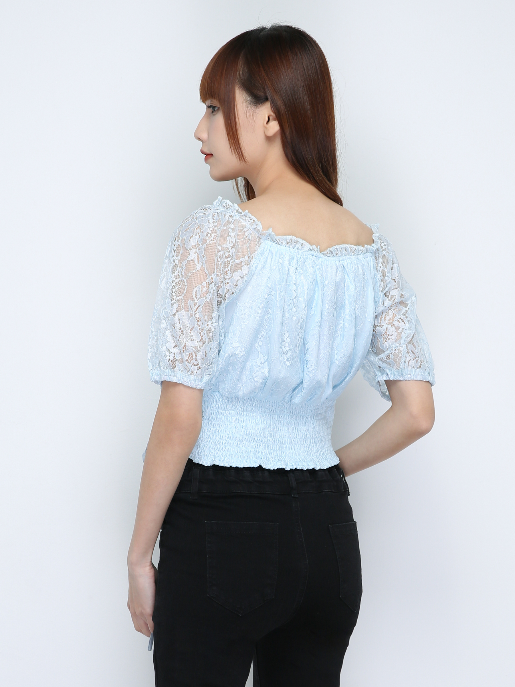 Puff Sleeve Lace Tie Up Top 18665