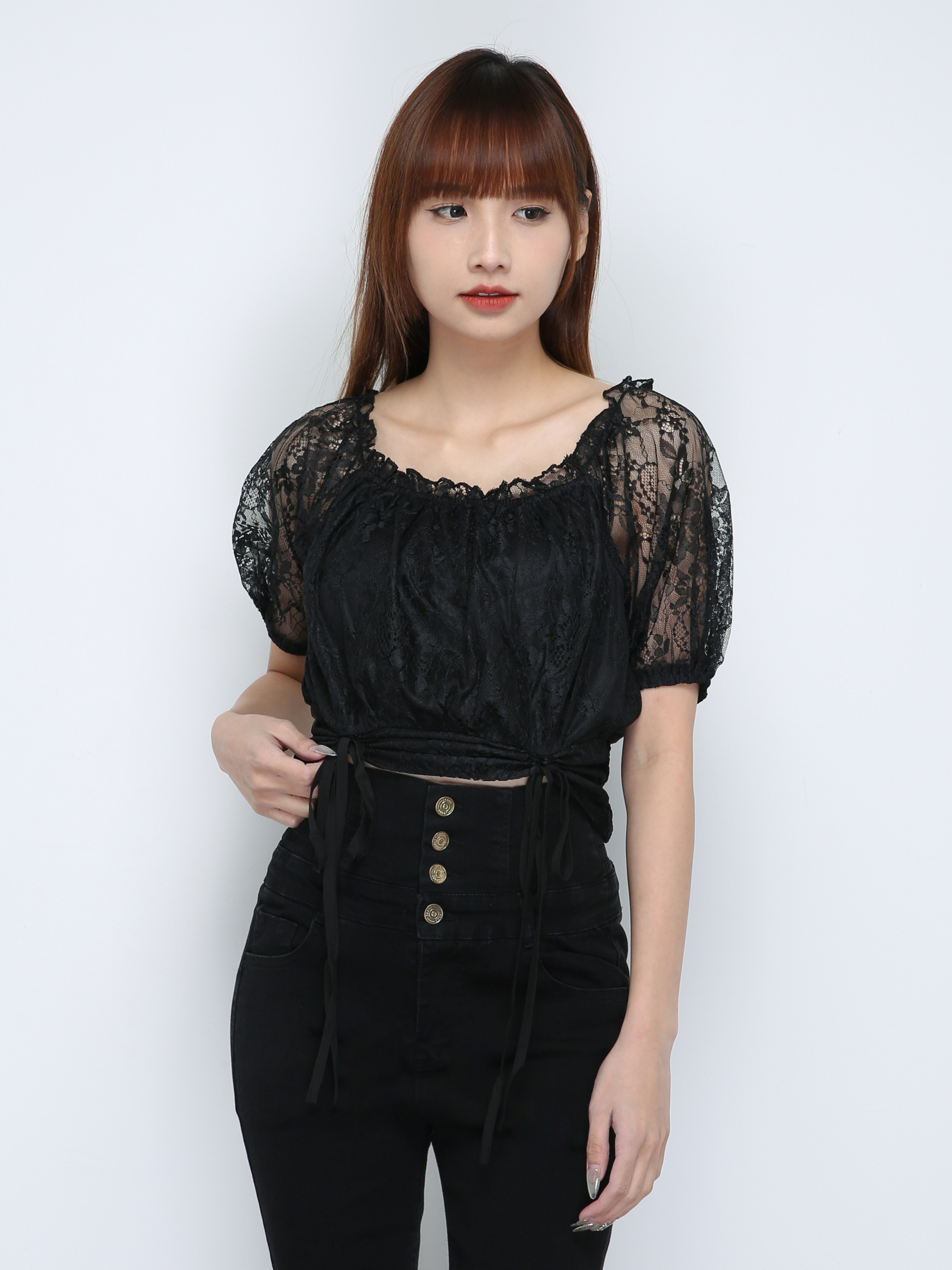 Puff Sleeve Lace Tie Up Top 18665