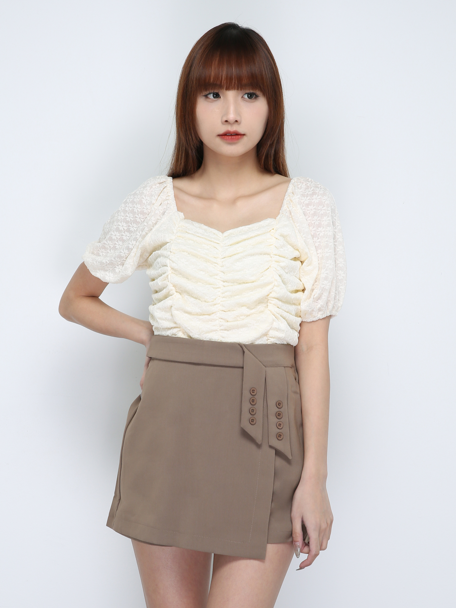 Puff Sleeve Lace With Pleated Top 18759