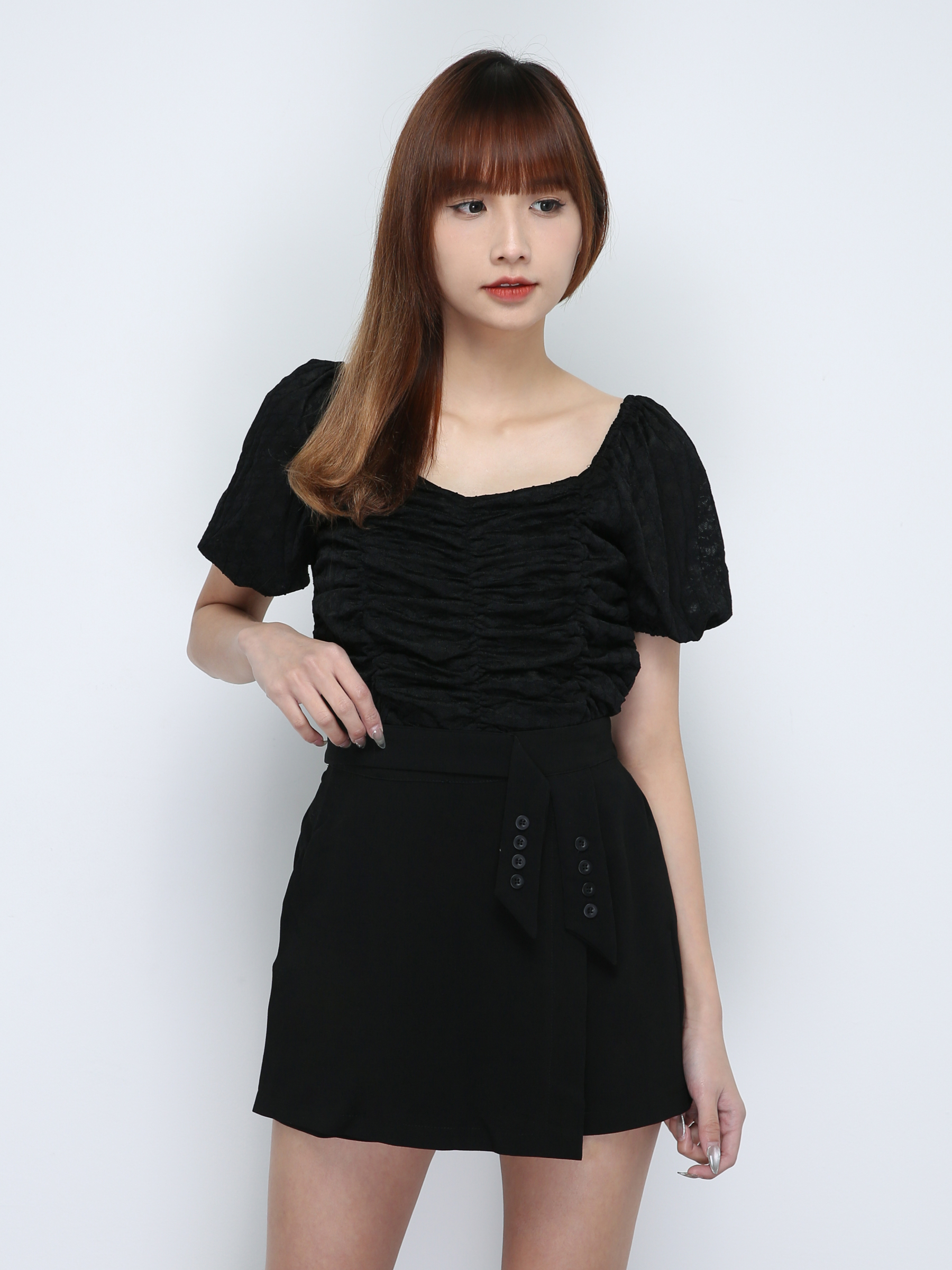 Puff Sleeve Lace With Pleated Top 18759