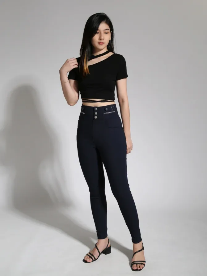 High Waist Decorative Belt Chain Long Pants 