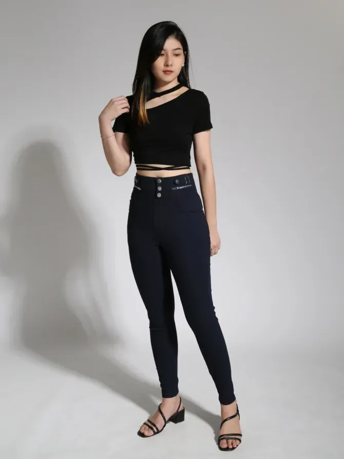 High Waist Decorative Belt Chain Long Pants 