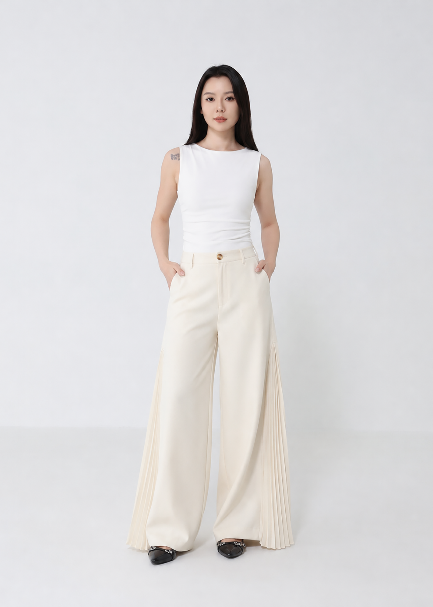 Pleated Panel Wide-Leg Long Pants DJ279