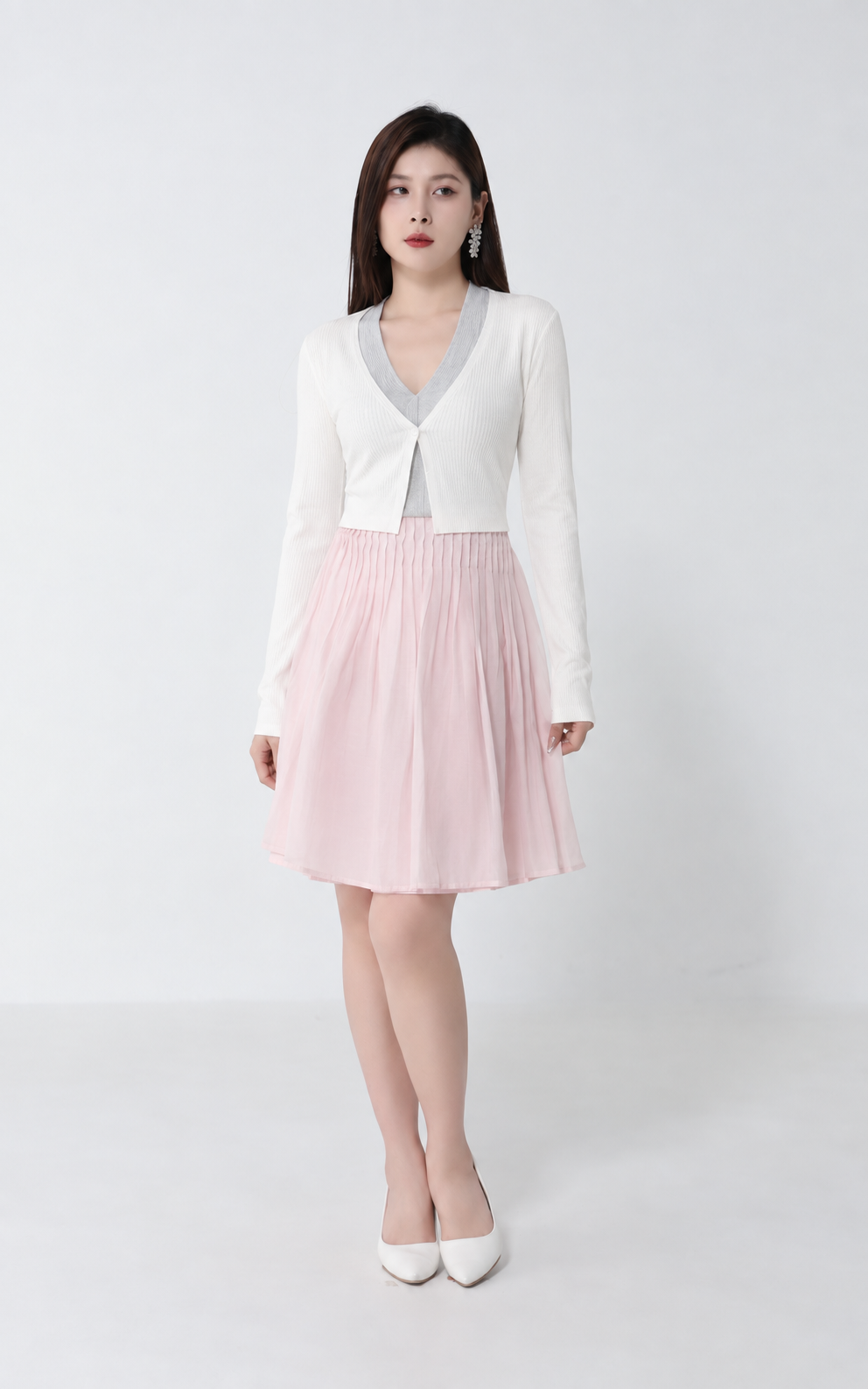 Contrast V-Neck Layered Knit Cardigan DJ284