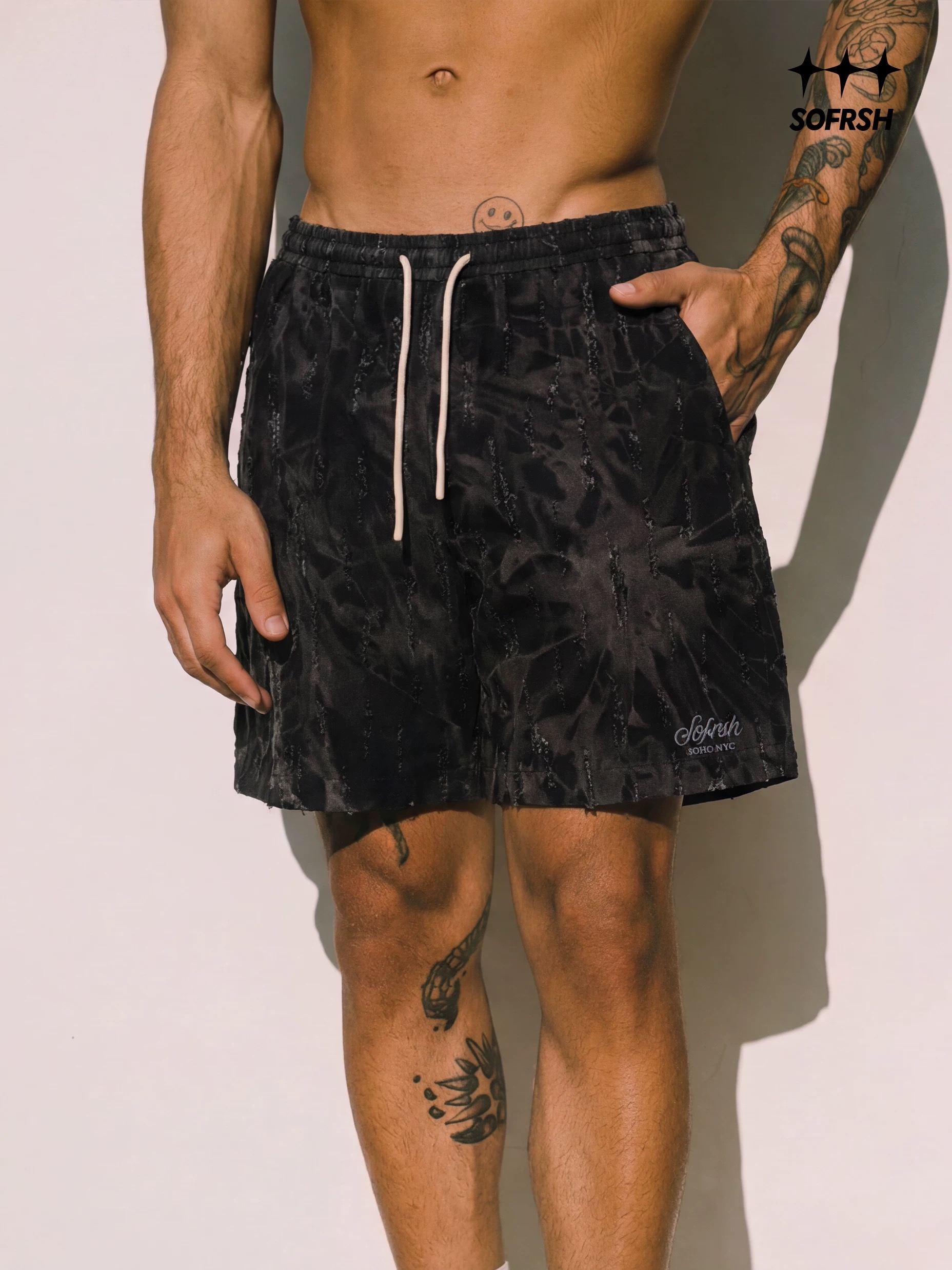 SoFresh Vertical Distressed Denim Shorts Tie Dye Vintage Black Bronze