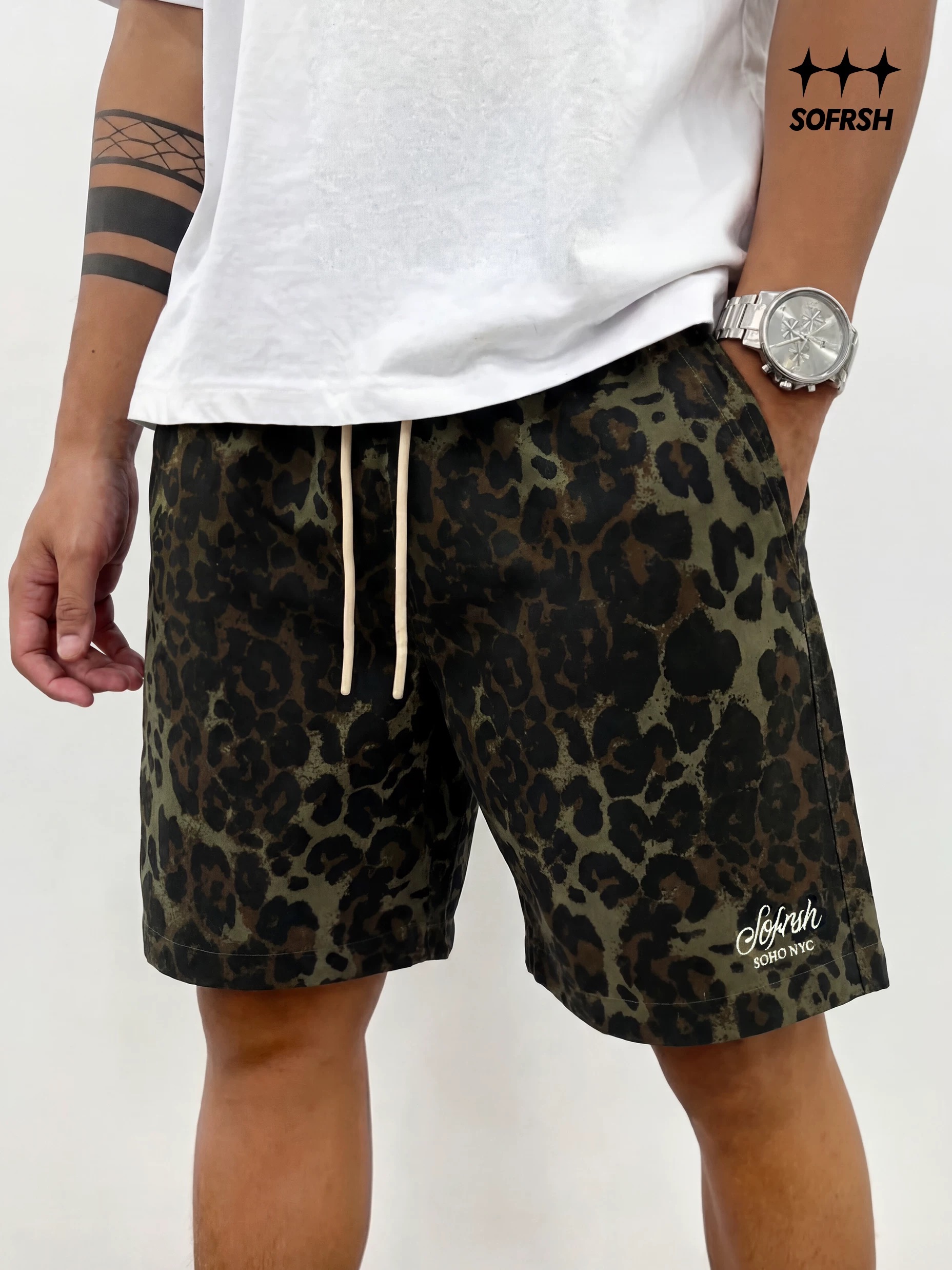 SoFresh Leopard Denim Shorts Black Green