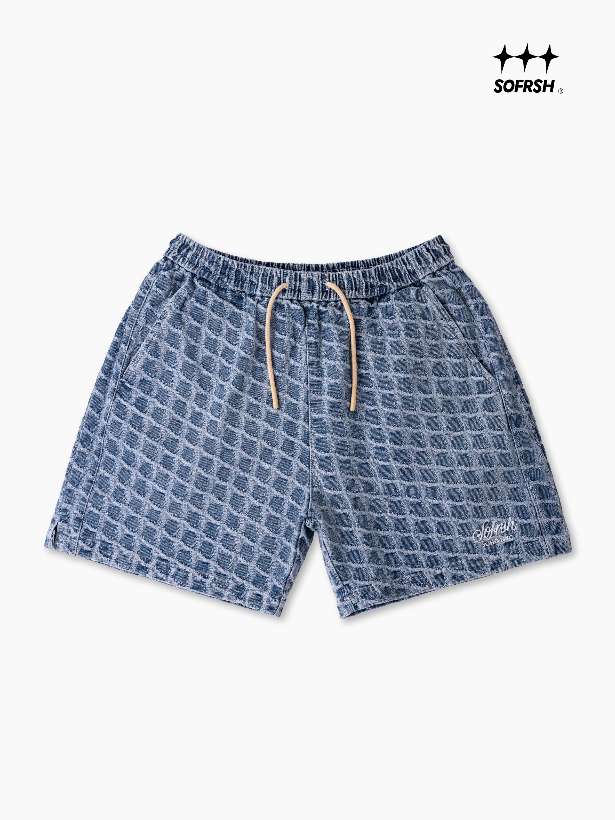 SoFrsh Waffle Diagonal Cuts Denim Shorts Blue