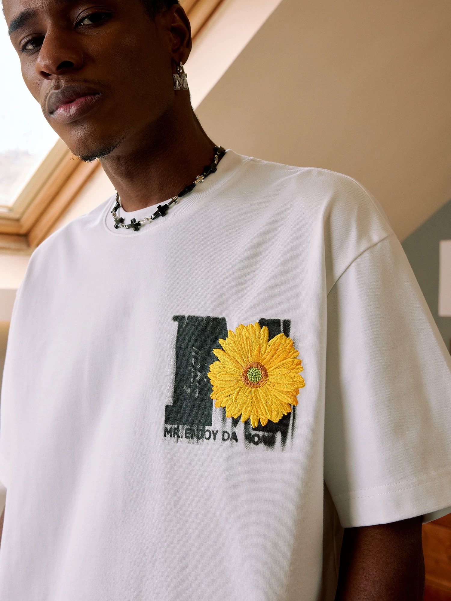 MEDM Embroidered Sunflower Tee White