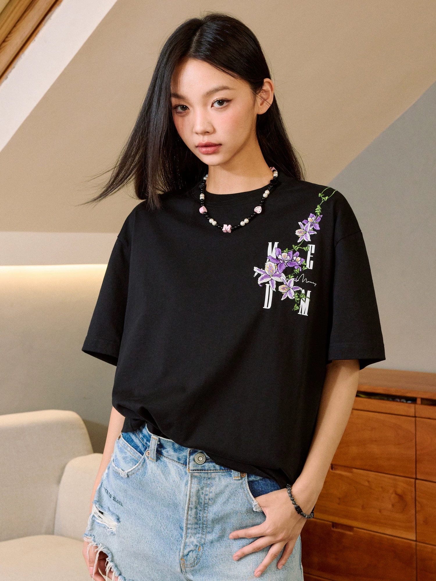 MEDM Embroidered Vines Tee White