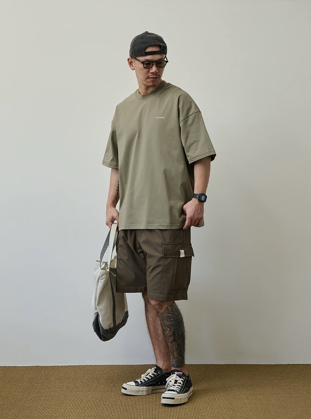 Broshood Classic Logo Boxy Oversized Tee Khaki Green