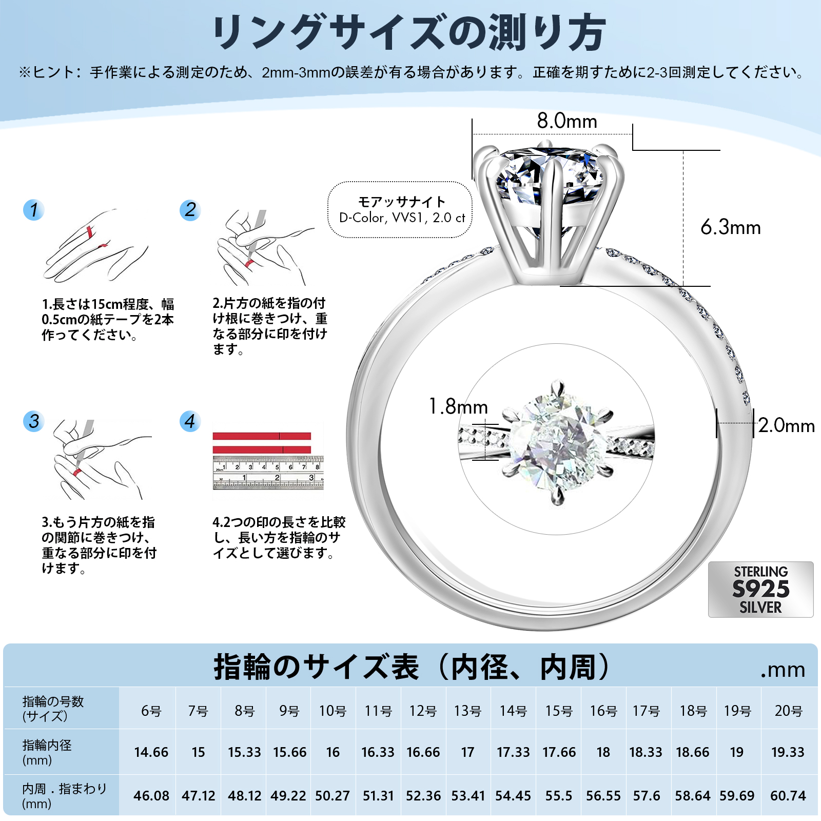 0.5/1/1.5/2.0カラット VVS1 モアサナイト リング レディース 0175 KRKC