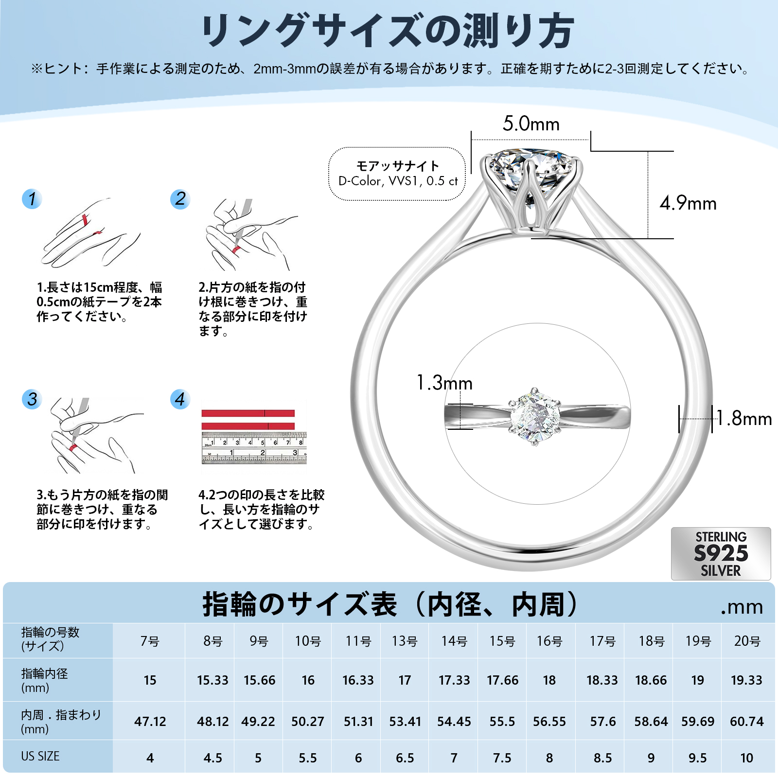 0.5/1.0カラット VVS1 モアサナイト リング レディース 0185 KRKC
