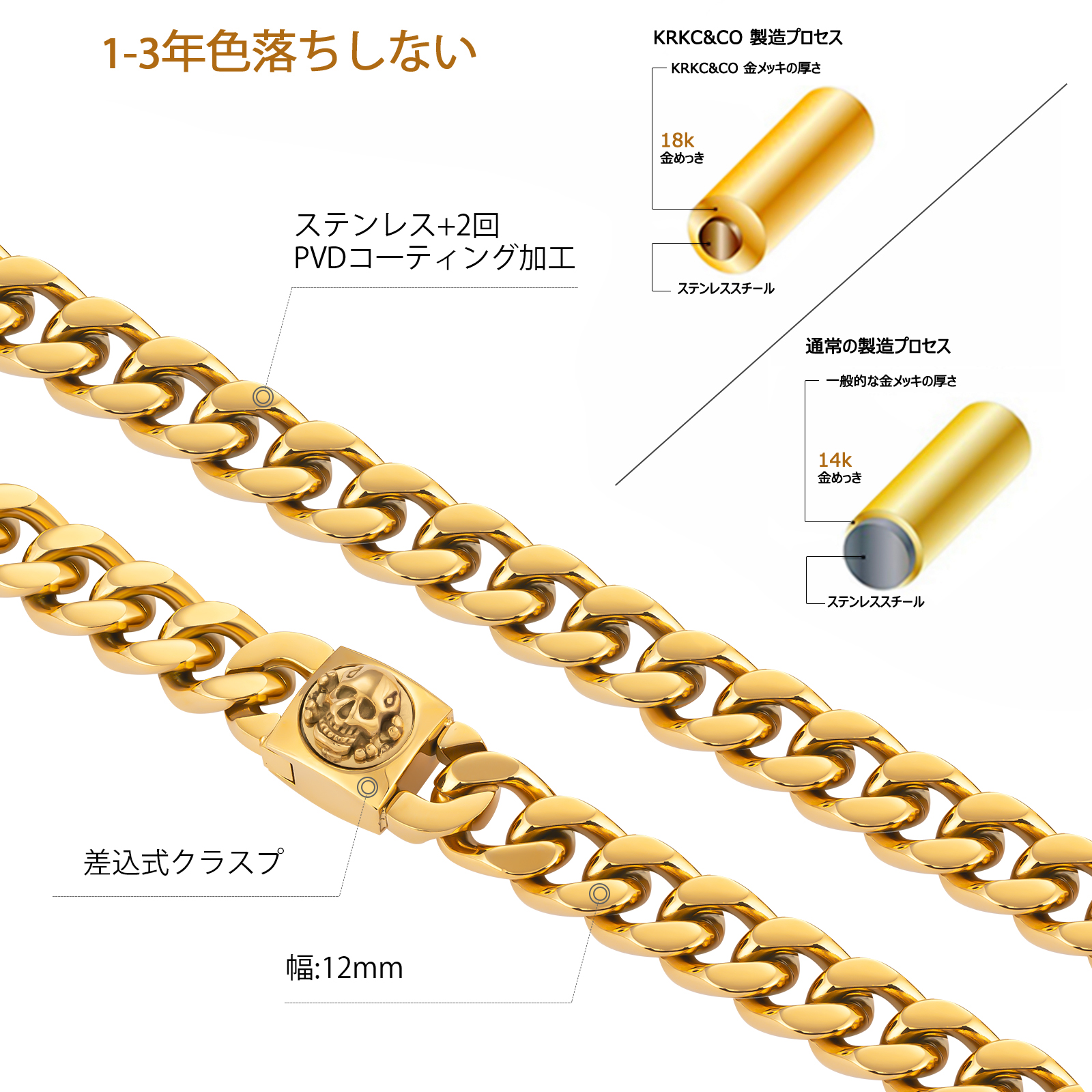 【NEW Skull Button Clasp】4面 喜平 スカルネックレス 12mm KRKC