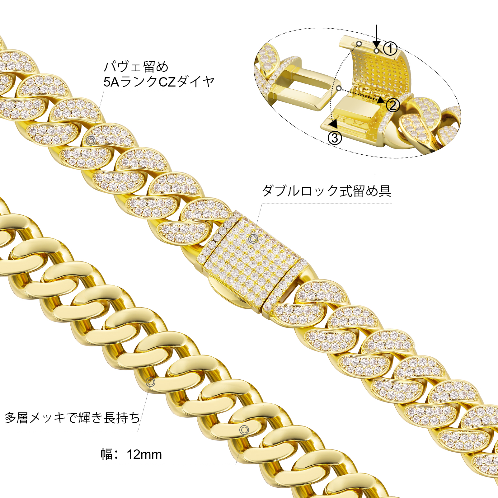 KRKC 12mm CZダイヤBOX-CLASP喜平ネックレス メンズ-KRKC