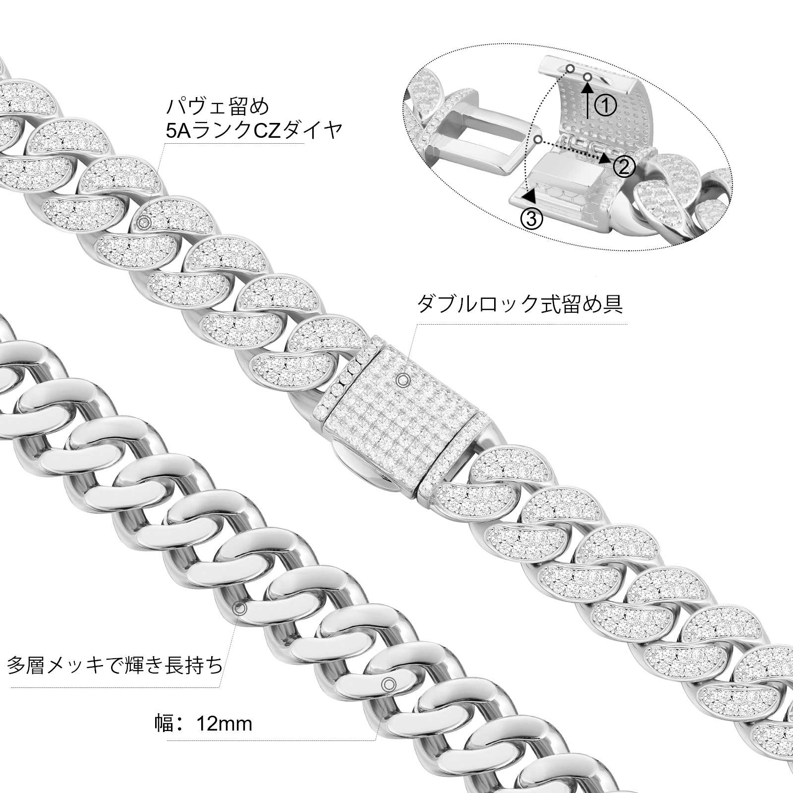 KRKC 12mm CZダイヤBOX-CLASP喜平ネックレス メンズ-KRKC