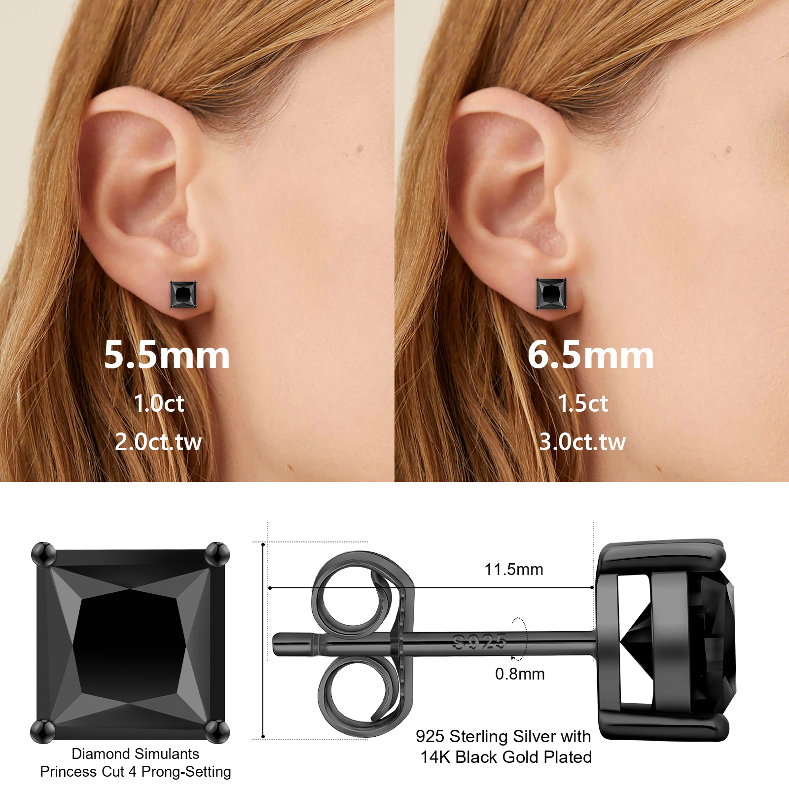 ブラックモアサナイト スクエア スタッド ピアス S925