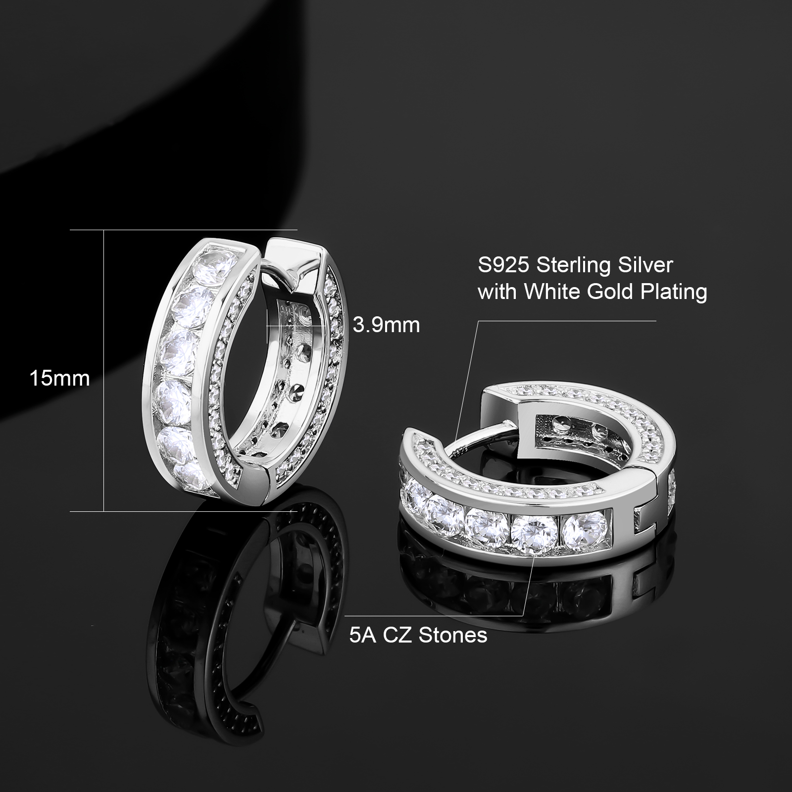 15mm シルバー925 CZダイヤー フープ ピアス KRKC