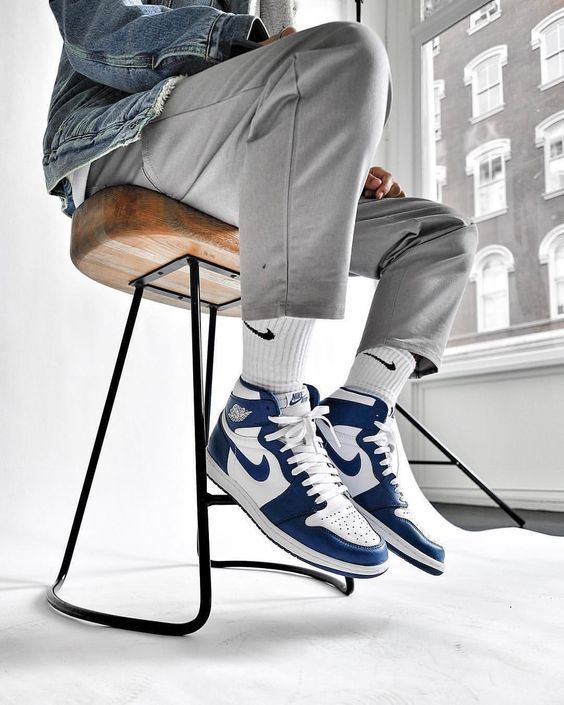 AIR JORDAN 1 RETRO HIGH OG STORM BLUE 555088-127 | Jordans outfit for men,  Nike fashion sneakers, Mens outfits