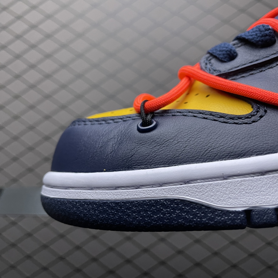 Off-White × Nike Dunk Low LTHR "University Gold/Midnight Navy/White" (CT0856-700)