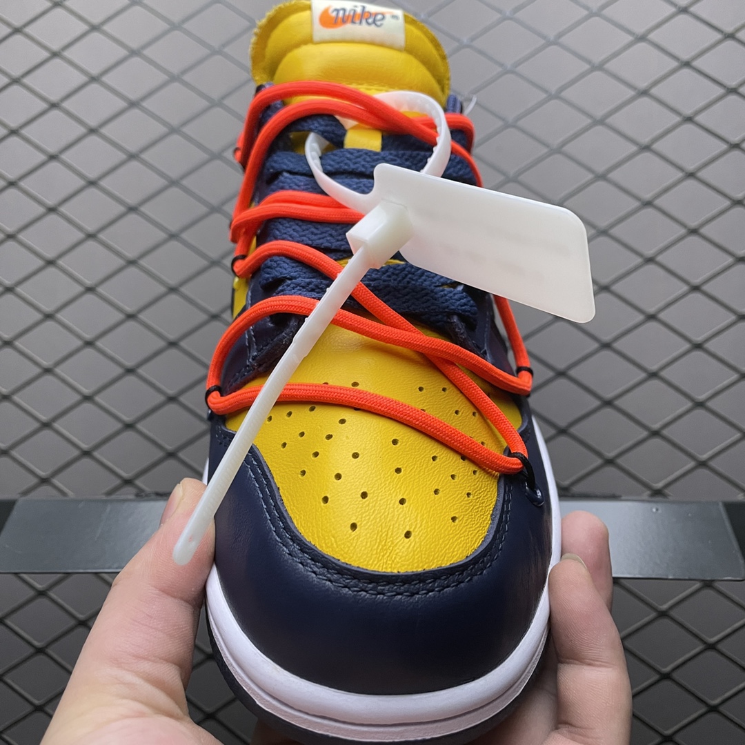 Off-White × Nike Dunk Low LTHR "University Gold/Midnight Navy/White" (CT0856-700)