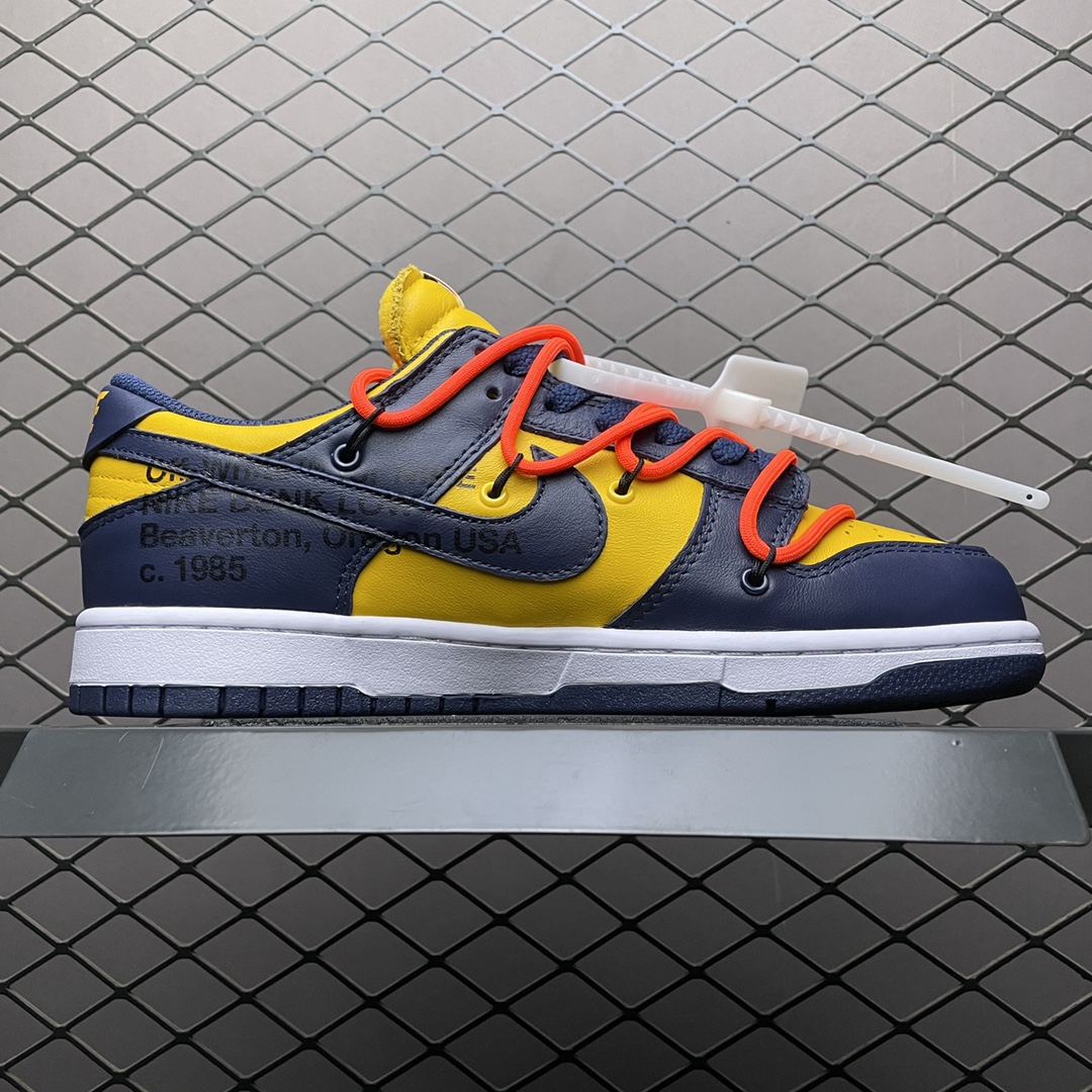 Off-White × Nike Dunk Low LTHR "University Gold/Midnight Navy/White" (CT0856-700)