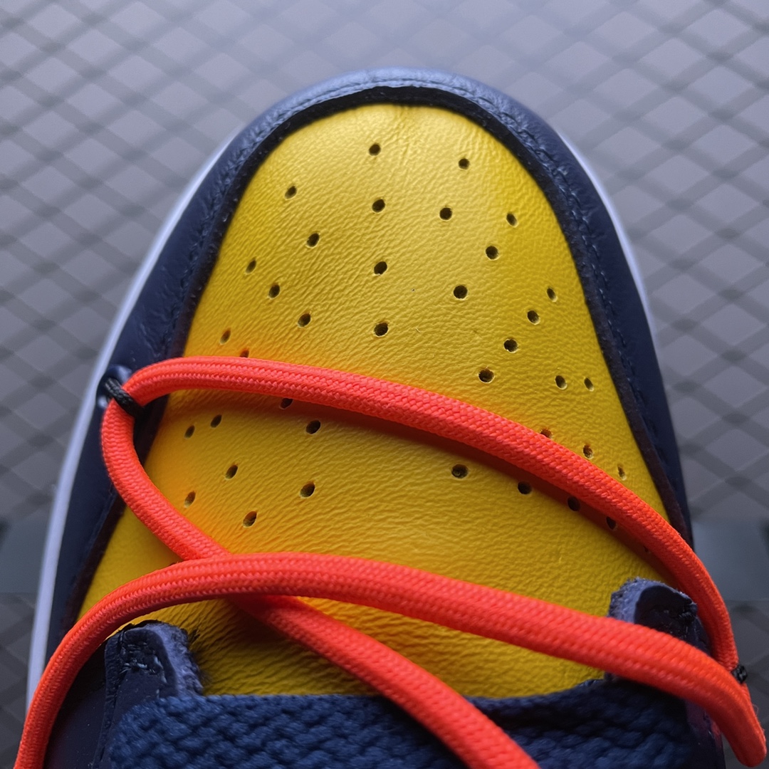 Off-White × Nike Dunk Low LTHR "University Gold/Midnight Navy/White" (CT0856-700)