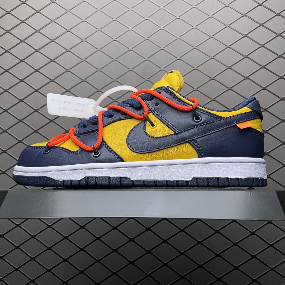 Off-White × Nike Dunk Low LTHR "University Gold/Midnight Navy/White" (CT0856-700)