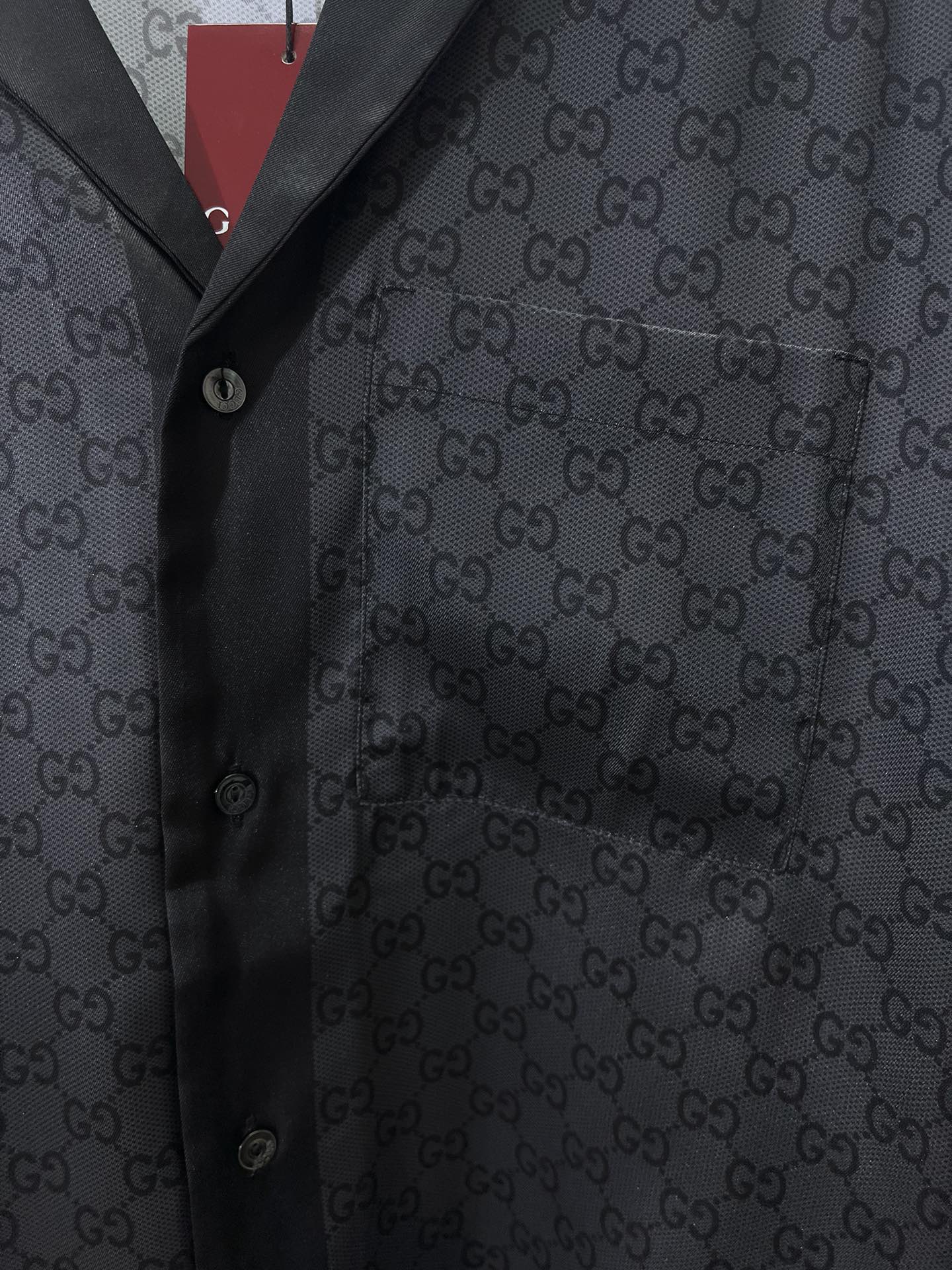 GUCCI Printed silk twill bowling shirt in grey and black（794907-Z7ARD-1016）